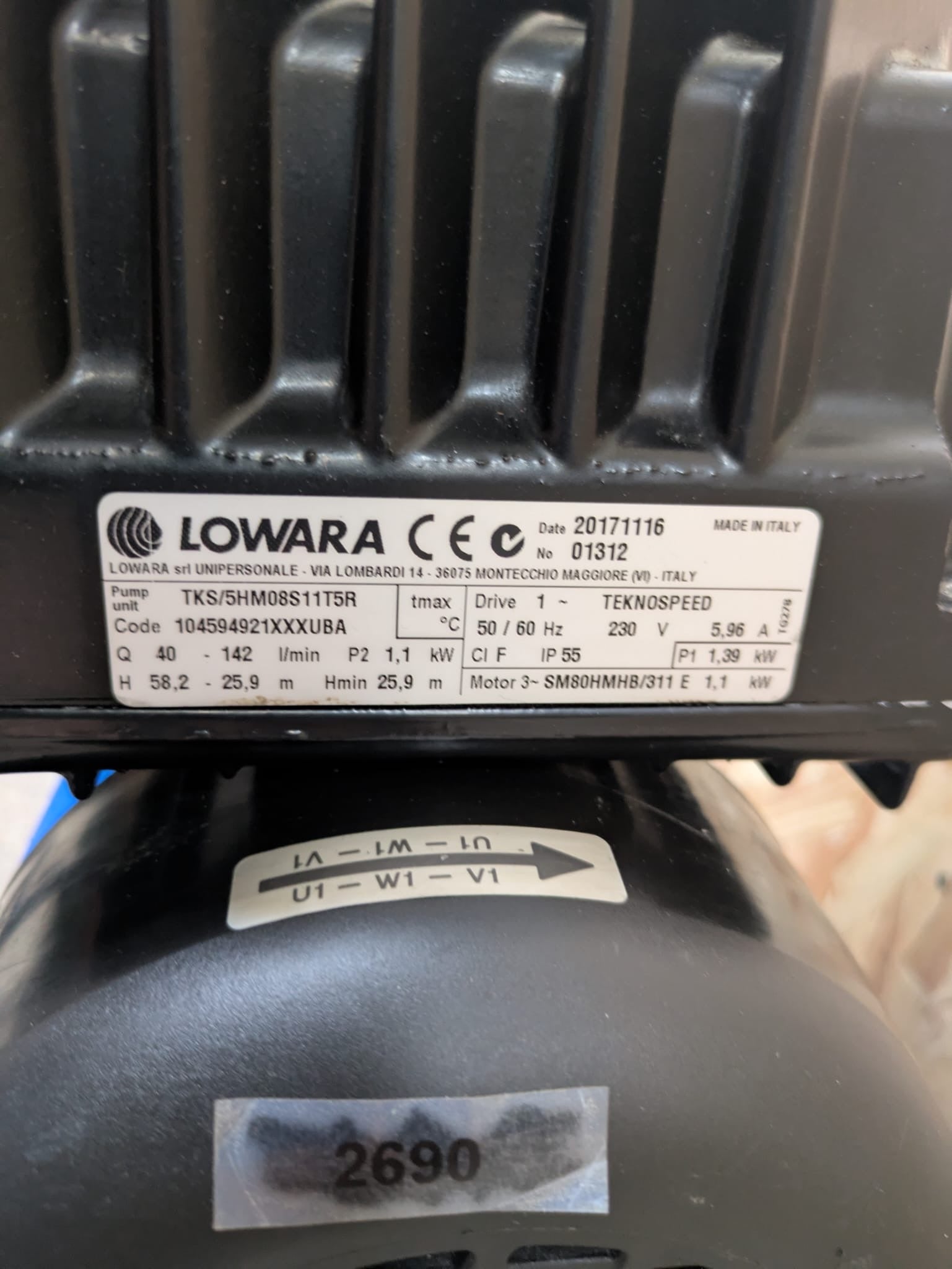Lowara TKS 5HM08 S11T5R Horizontal Multistage Pump 1.1kW 104594921XXXUBA #2690