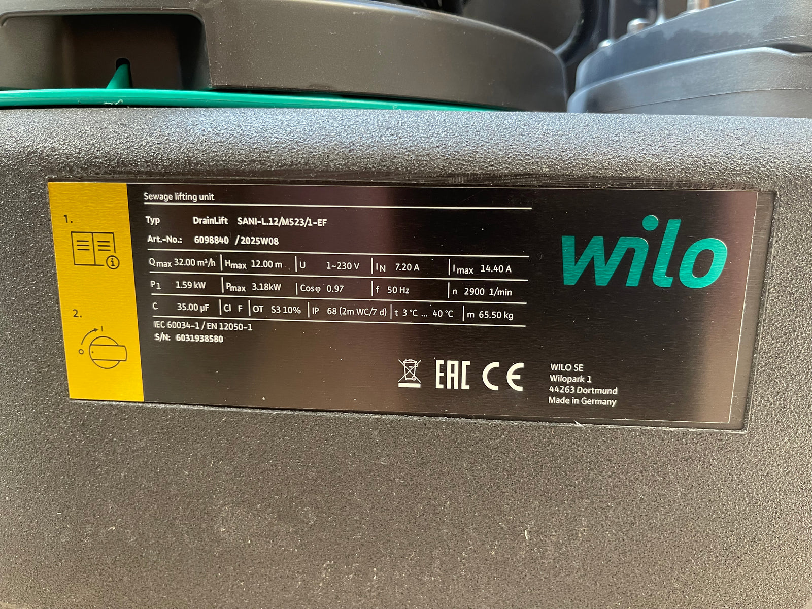 Wilo DrainLift SANI-L.12/M523/1-EF 6098840 DN80 Sewage Lifting Station Pump 3kW 240v #4712