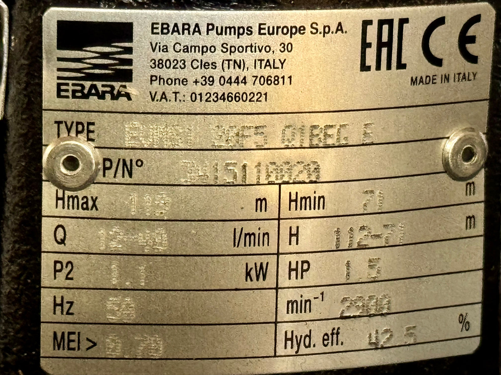 Ebara EVMS1 20N5 Q1BEG Vertical Multistage Pump 1.1kw 415v #4738