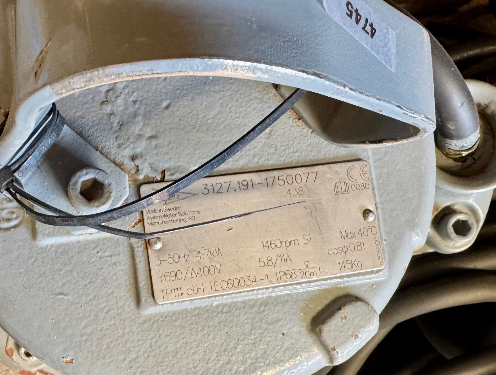 Flygt NS 3127.191 MT 438 4.7kw submersible waste water pump EX DN100 #4743