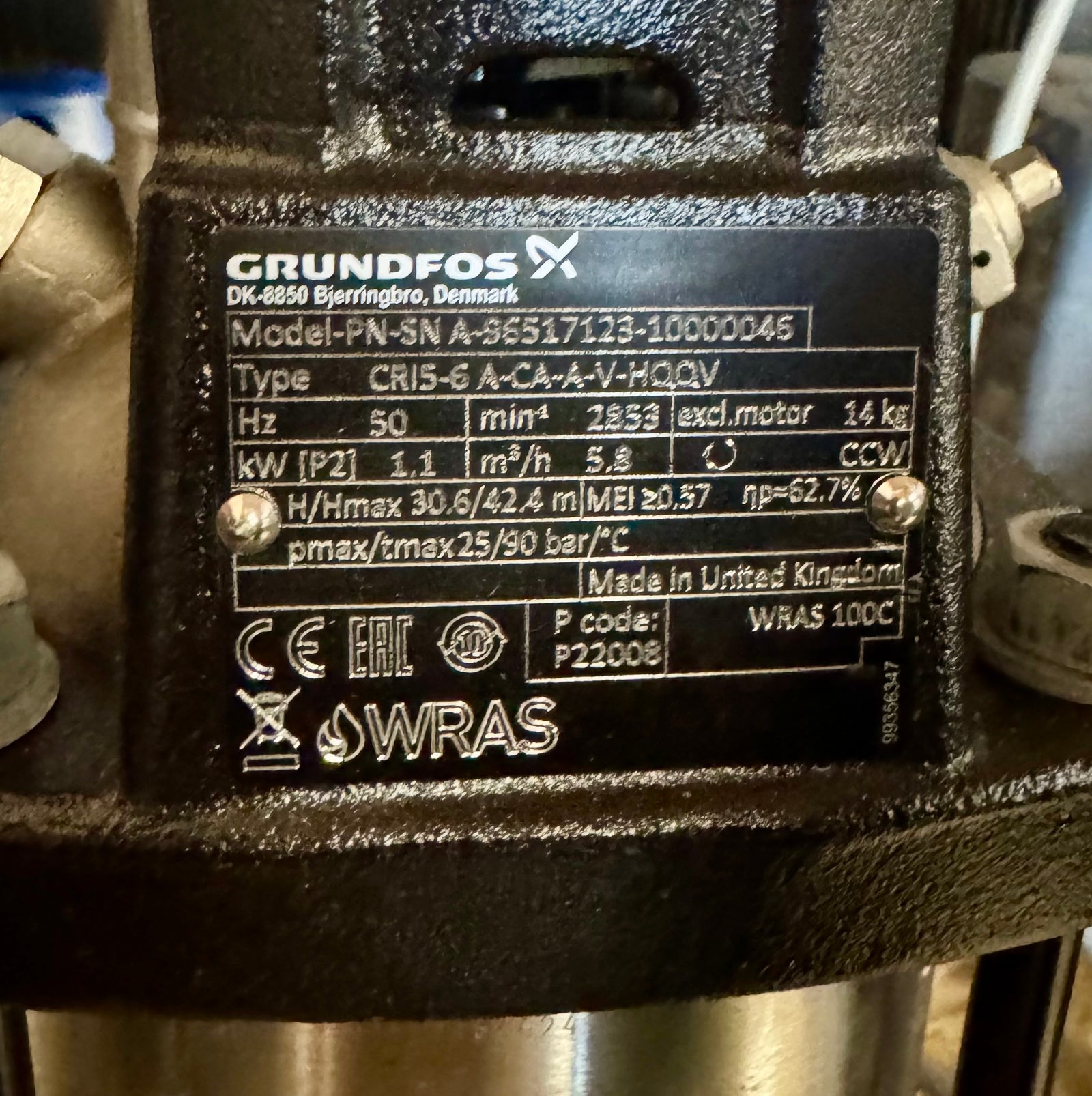 Grundfos CRI 5-6 A CA A V HQQV 96517123 1.1kW 415v Vertical Multistage Pump #4772