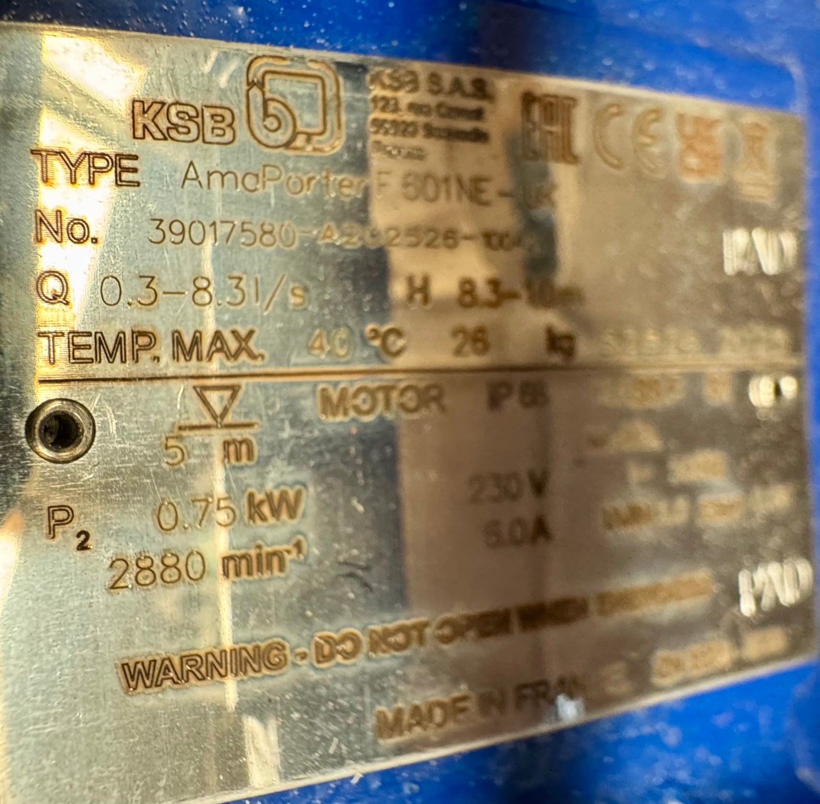 KSB AMA Porter 601 NE-1 240v Submersible Pump Without Floatswitch 0.75kw 39017580 #4764