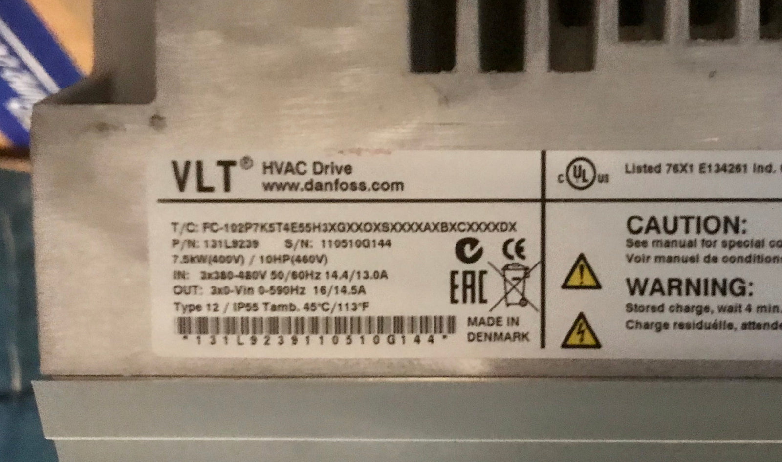 Danfoss VLT Inverter Invertor IP55 7.5KW Variable Speed Drive 131L9239 #2383