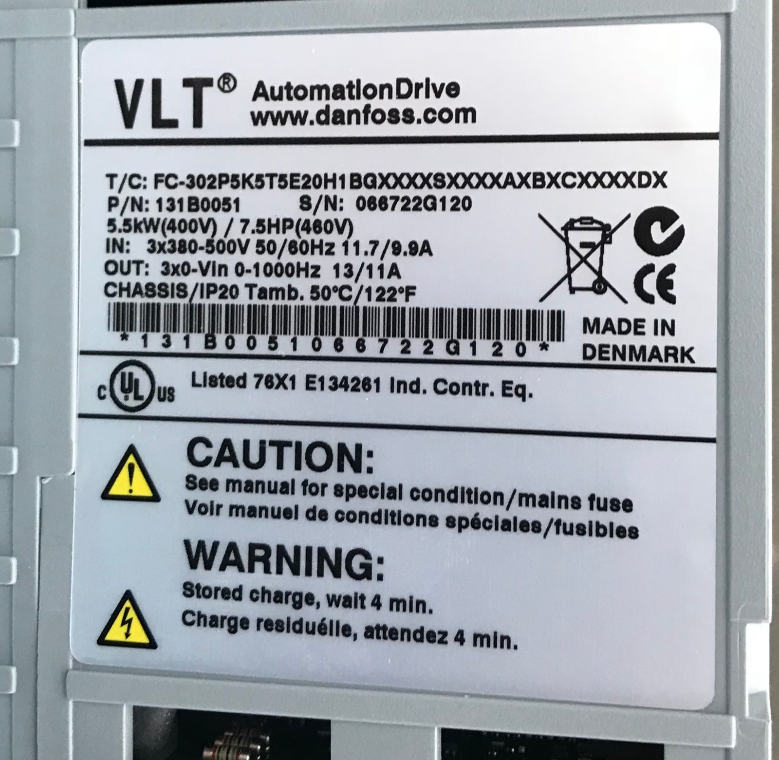 Danfoss VLT FC-302 P5K 5.5 KW HVAC Variable Speed Drive Inverter 131B0051 #1282