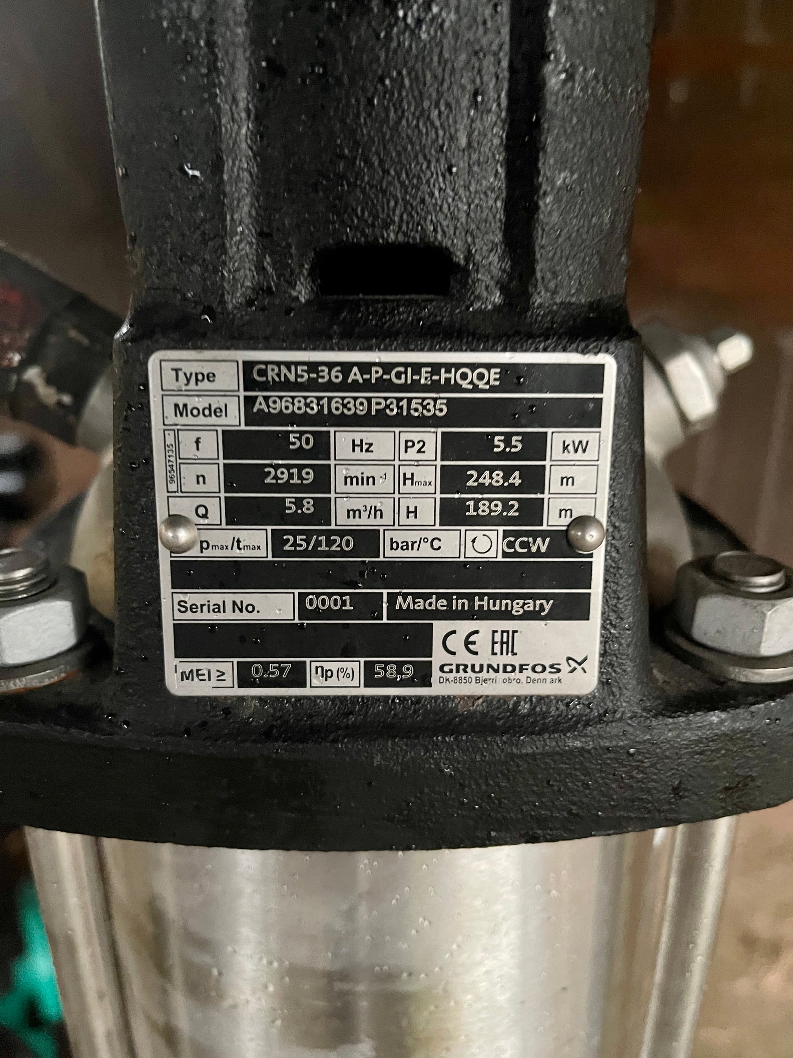 Grundfos CRNE 5-36 Vertical Multistage Pump 400v 96831639 #2749 Used