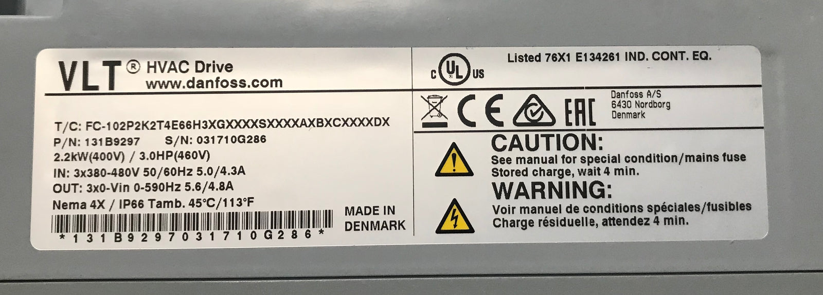 Danfoss VLT FC-102 2.2 KW HVAC 400V 3ph AC Inverter Drive - 131B9297 #1812