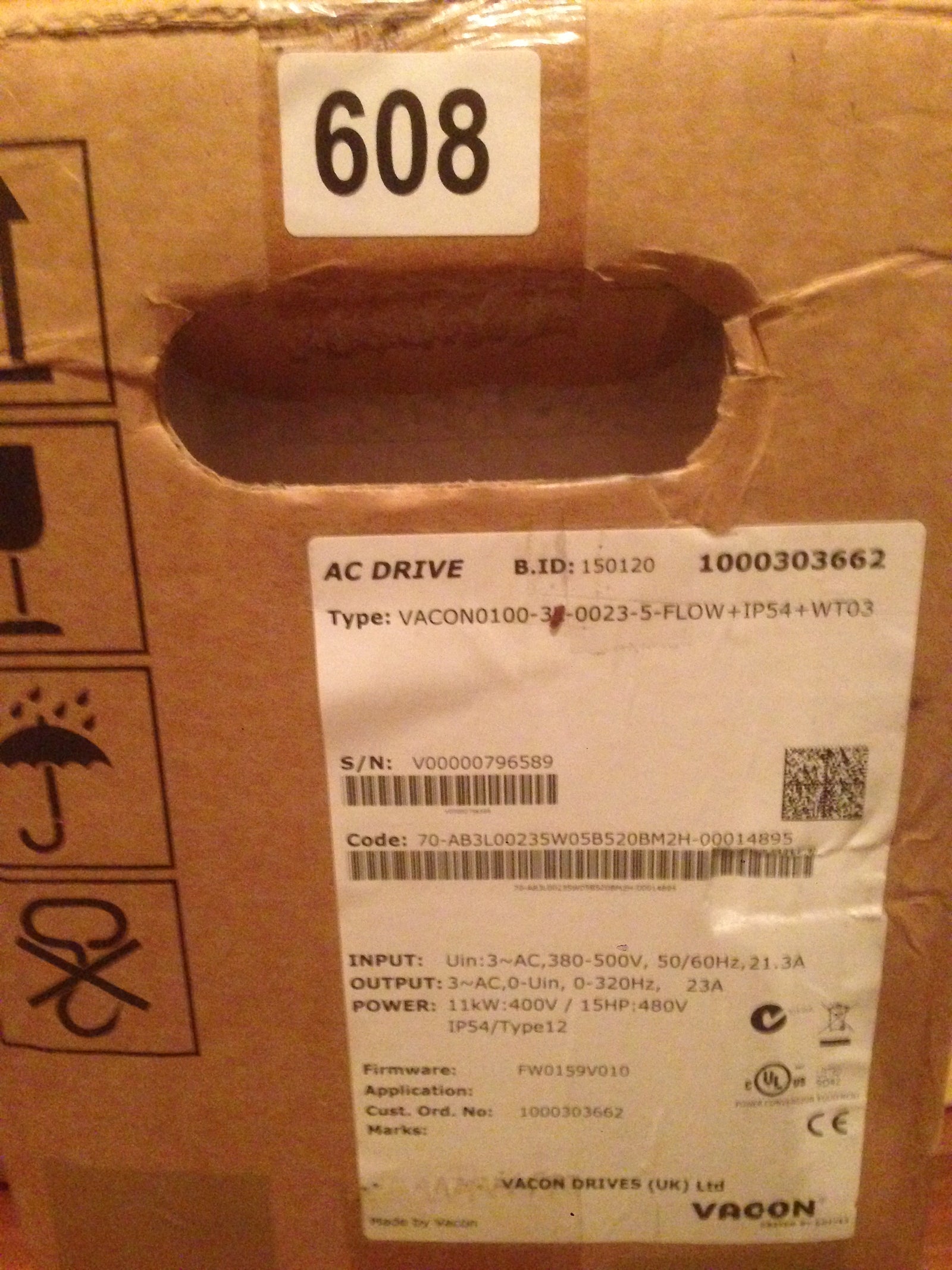 Vacon 100 Flow IP54 11kW 400V 3ph - Fan/Pump AC Inverter Drive Speed Controller VACON0100-3L-0023-5-FLOW+IP54 11Kw/23Amp 3 Phase Input / 3 Phase Output IP54