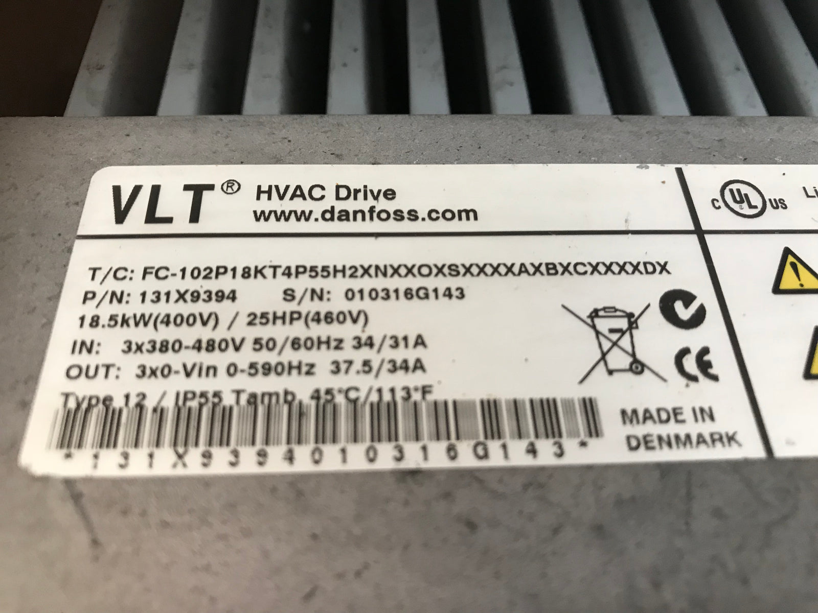 Danfoss VLT Inverter Invertor IP55 18.5KW Variable Speed Drive 131x9394 #1567