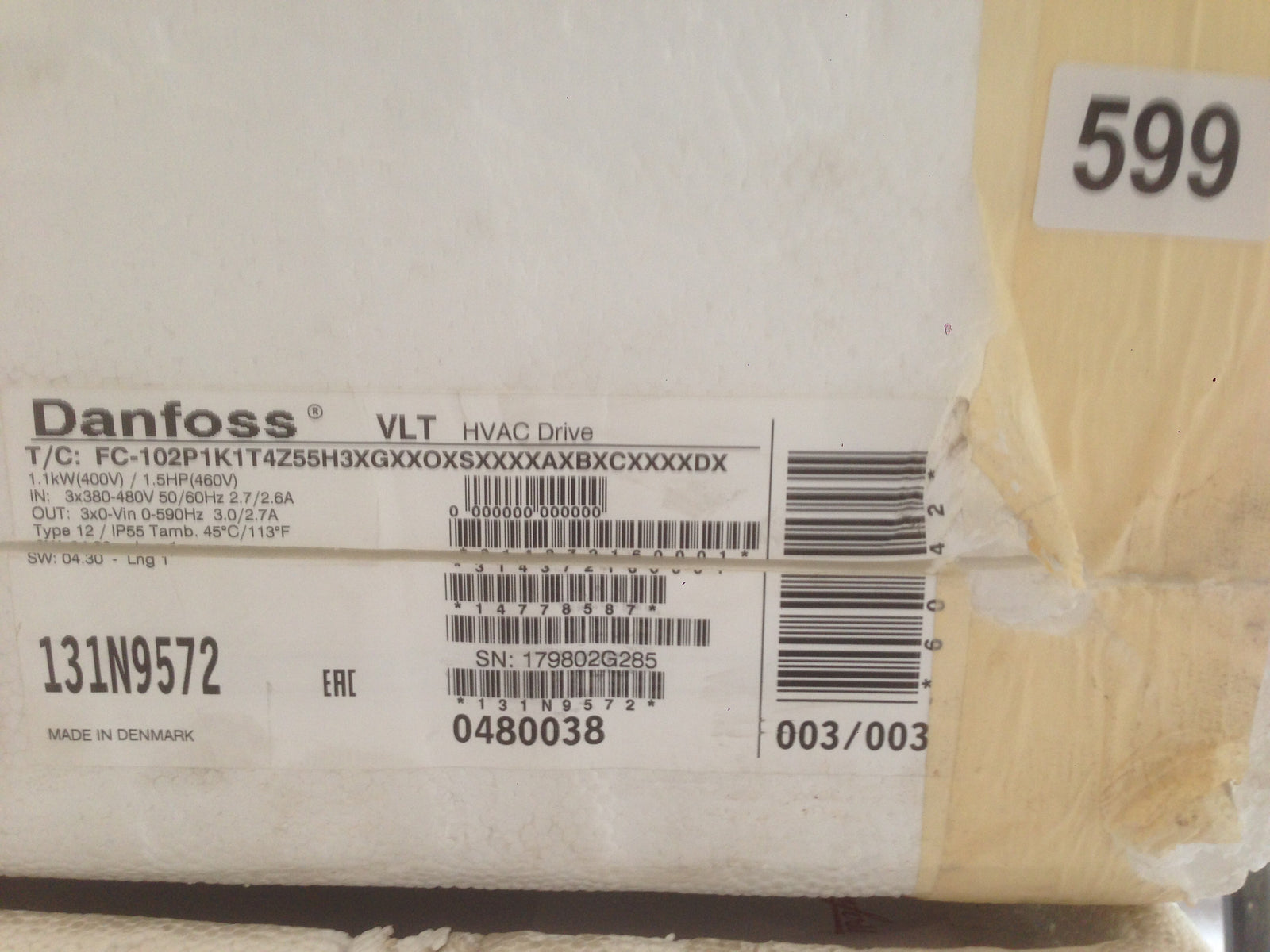 Danfoss VLT FC-102 1.1 KW HVAC Variable Speed Drive Inverter 415v 131N9572 #599/600