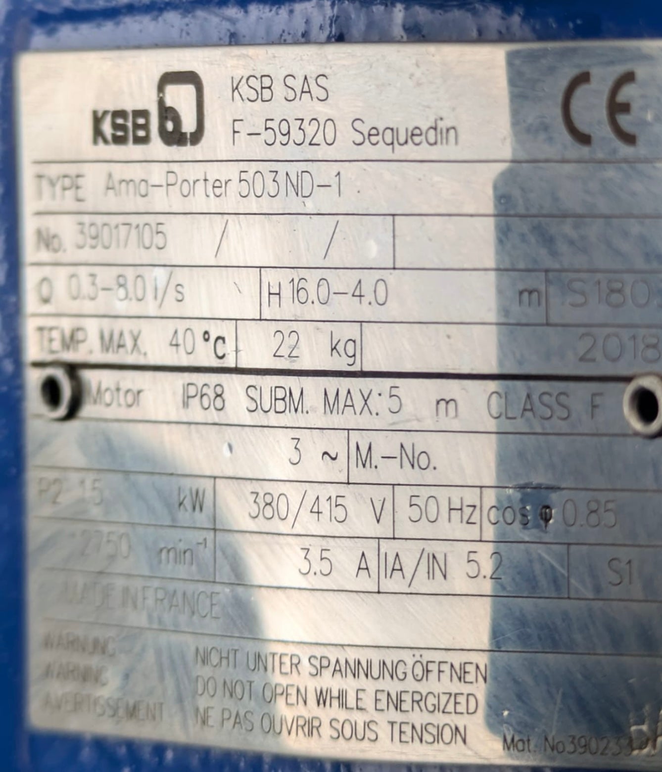 KSB AMA-Porter 503 ND 39017105 415V 1.5 kW Submersible Waste Pump Dn50 #4506