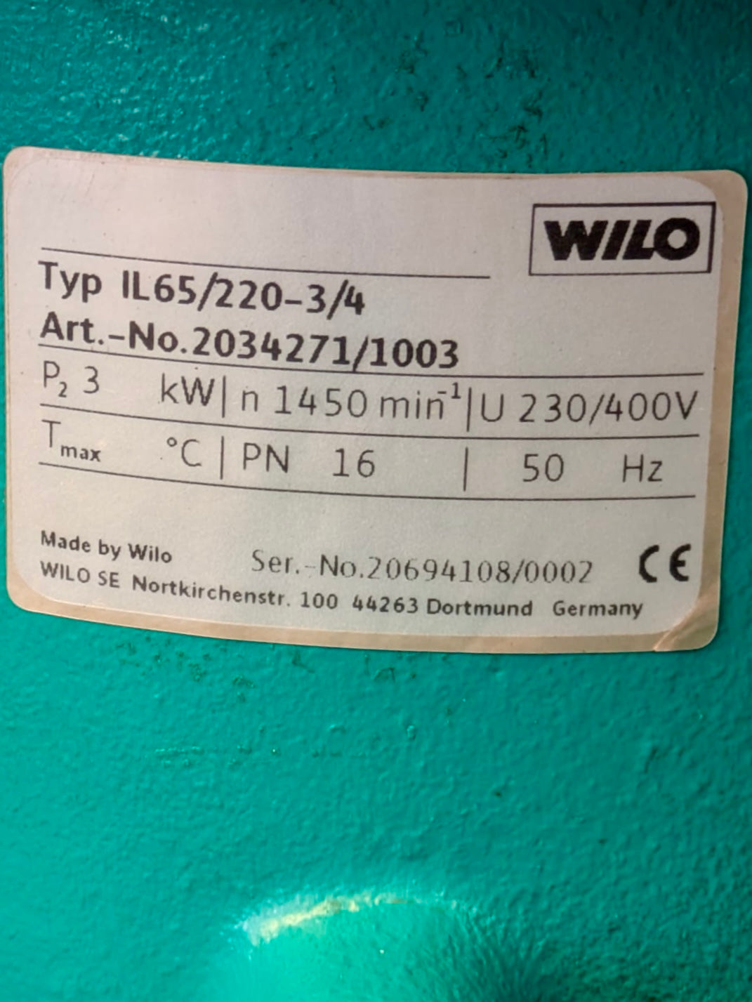Wilo IL 65/220-3/4 2034271 DN65  In Line Circulator Pump 415v #4816 USED
