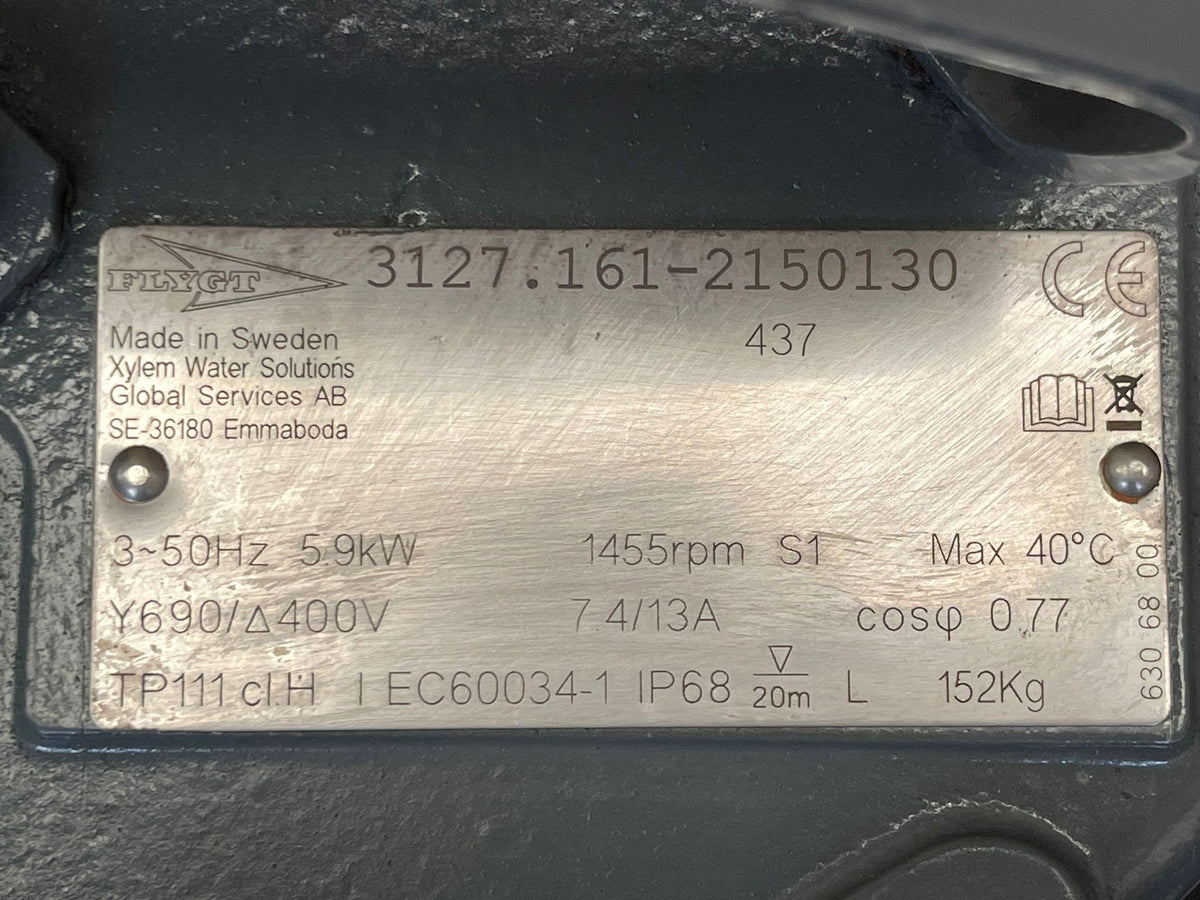 Flygt NX 3127.161 MT 437 5.9kw 415v Submersible Waste Pump #4906 USED