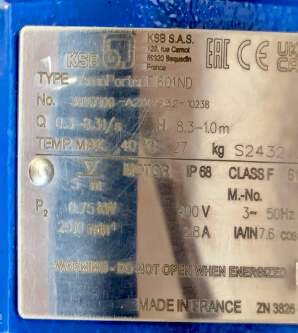 KSB AMA Porter 601 ND-1 415v Submersible Pump Without Floatswitch 0.75kw 39017109 #4814