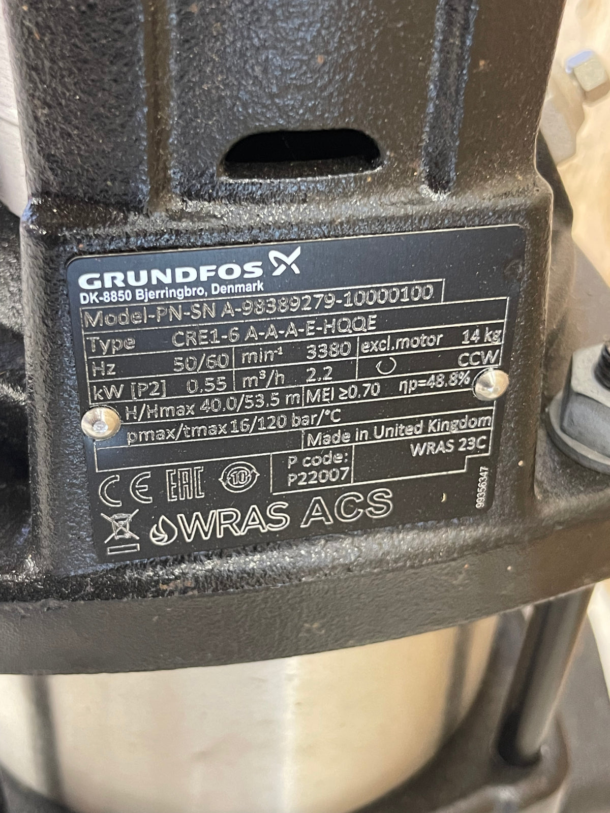 Grundfos CRE 1-6 A-A-A-E-HQQE Vertical Multistage Pump 230v 0.55kW 98389279 #4715