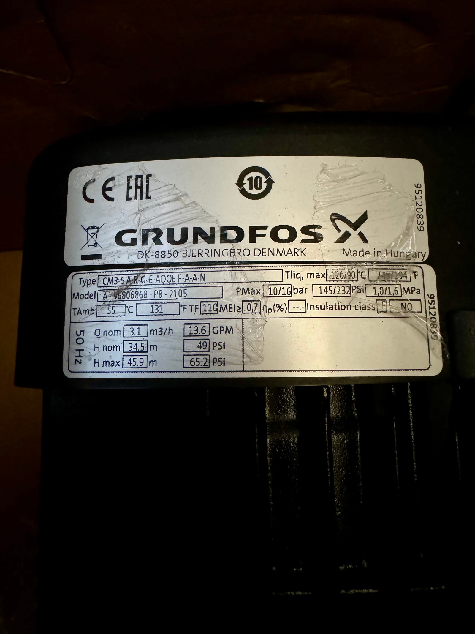 Grundfos CM 3-5 A R G E AQQE F A A N 415V Horizontal Multistage Pump 96806868 #NL107