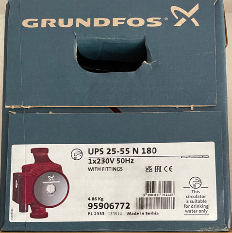Grundfos UPS 25-55N (180) Hot Water Service Circulator 240V pump stainless 95906772 #3913