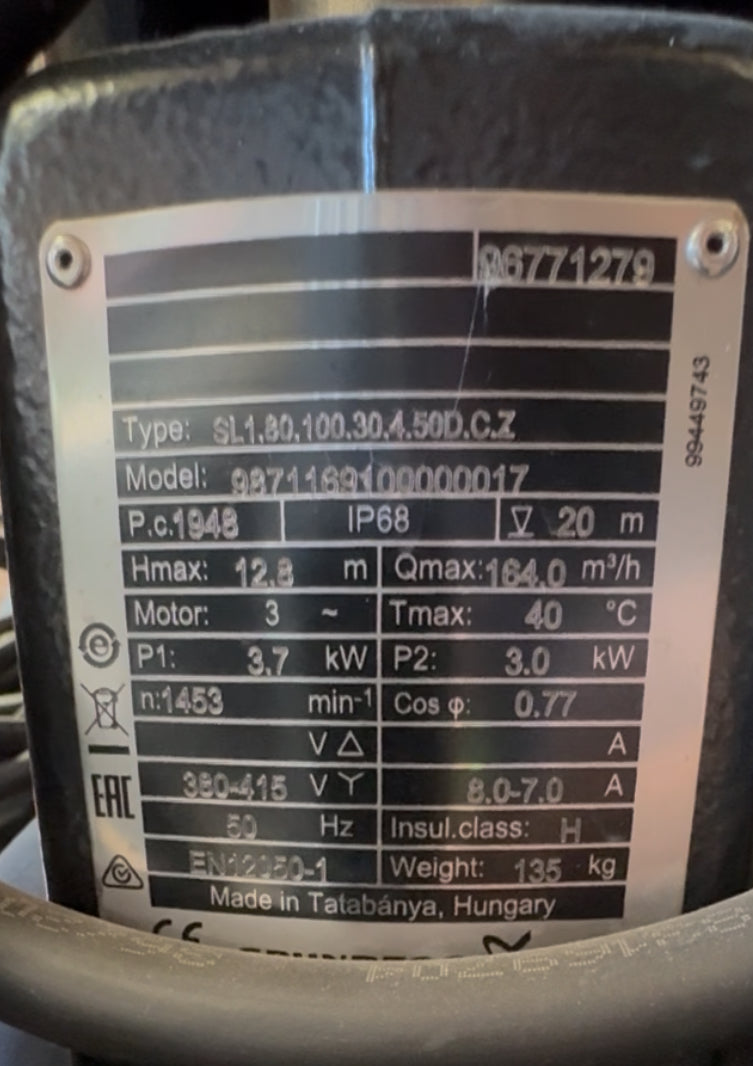 Grundfos SL1.80.100.30.4.50D.C.Z 98711691 3 kW 415v Submersible Waste Pump Dn100 #4458