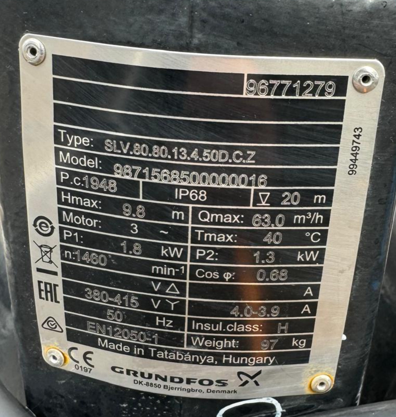 Grundfos SLV.80.80.13.4.50D.C.Z 98715685 1.3 kW 415v Submersible Waste Pump Dn80 #4453/4662