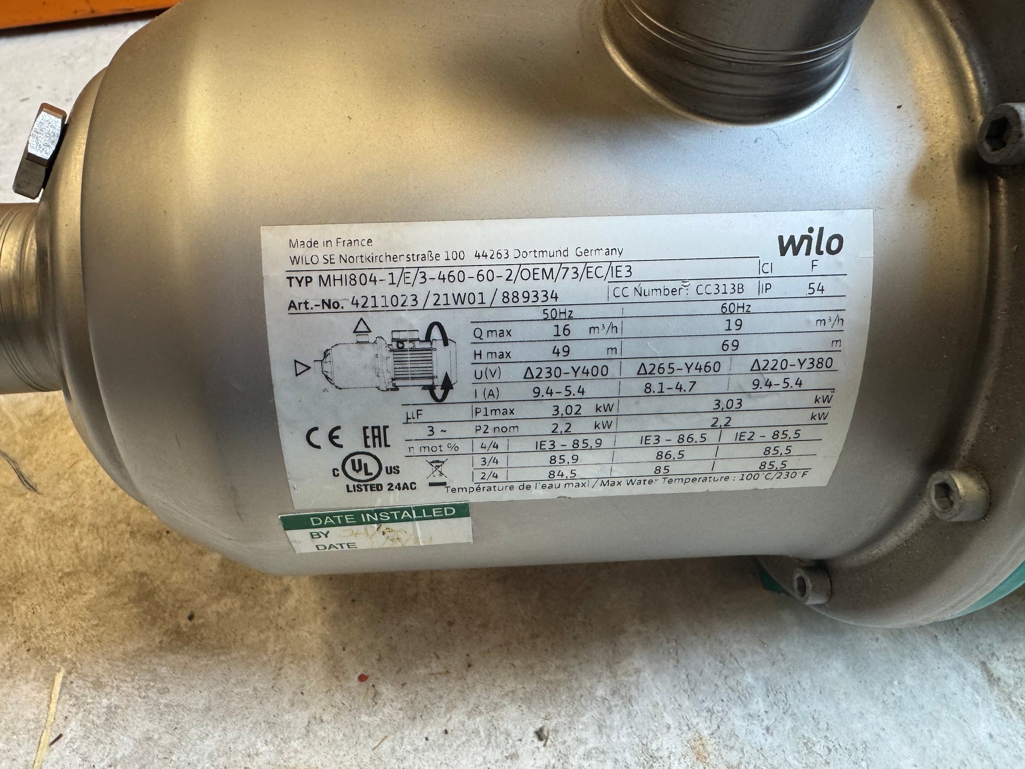 Wilo MHI 804-1/E/3-460-60-2/OEM/73 Horizontal Multistage Pump 415v 2.2kW 4211023 #4765 USED