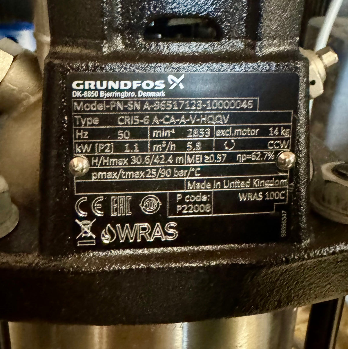 Grundfos CRI 5-6 A CA A V HQQV 96517123 1.1kW 415v Vertical Multistage Pump #4772