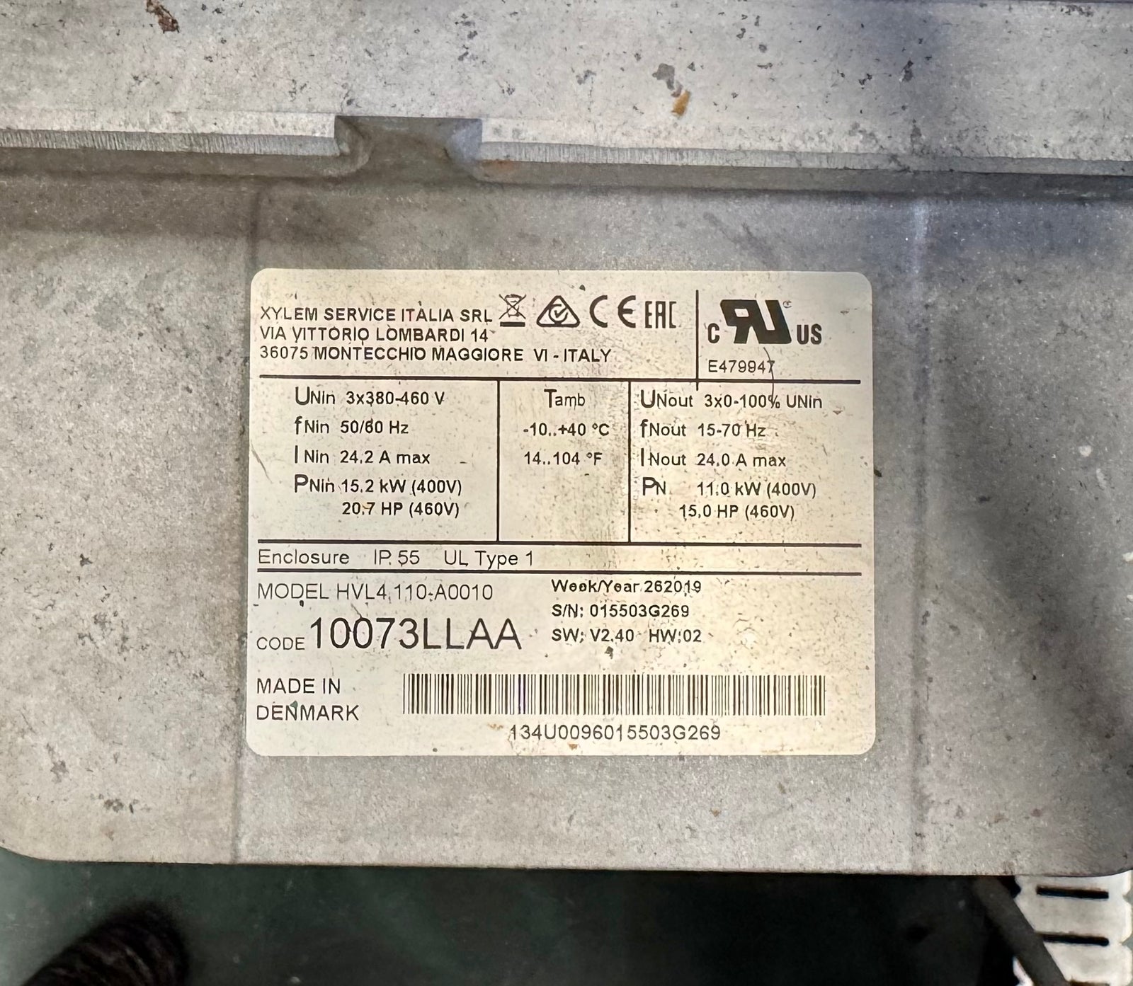 Lowara Hydrovar HVL4.110-A0010 Pump Control Inverter 11kw 10073LLAA #4785A