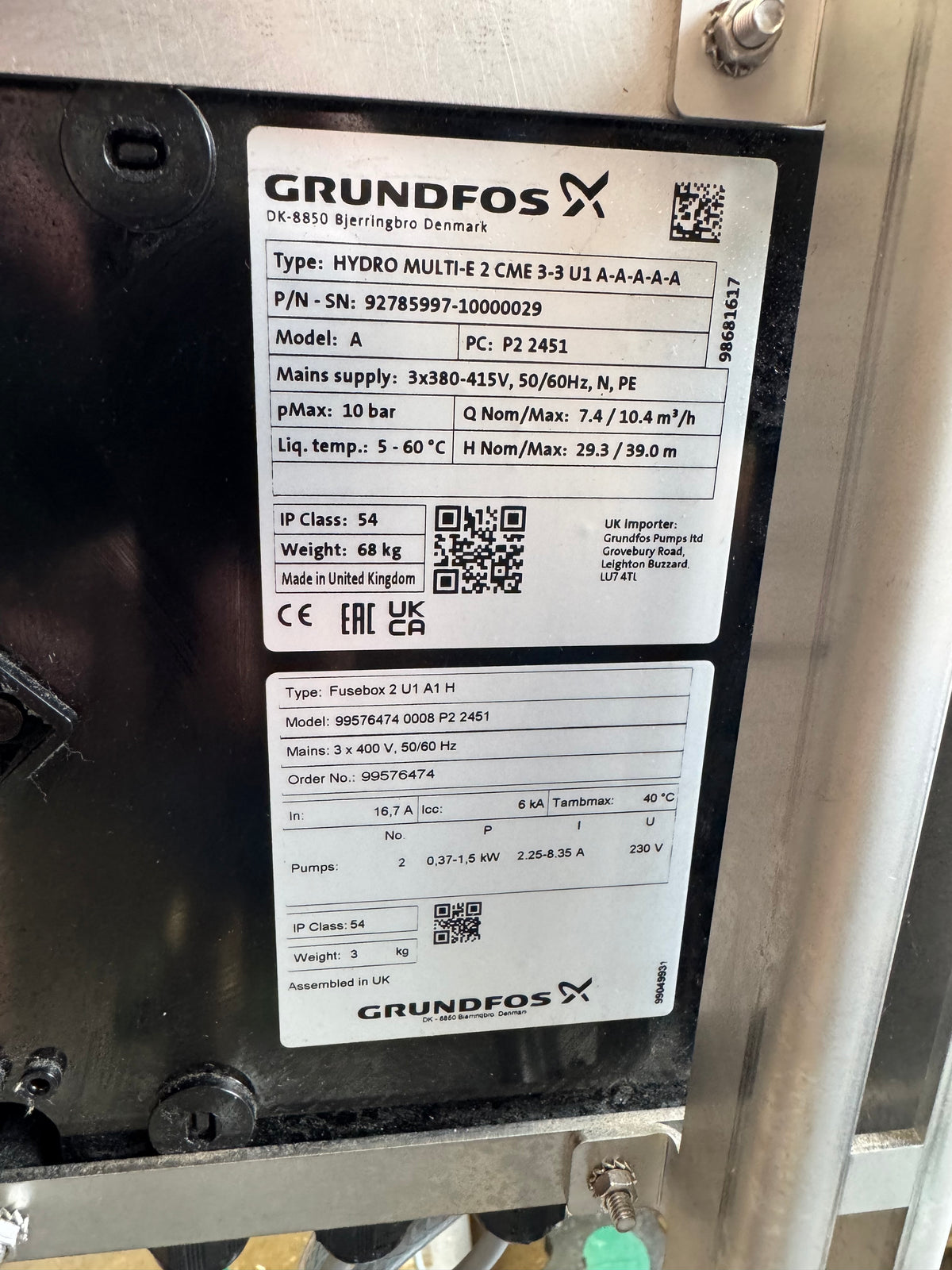 Grundfos HYDRO MULTI-E 2 CME 3-3 Booster Set Pump 415v 92785997 #4777