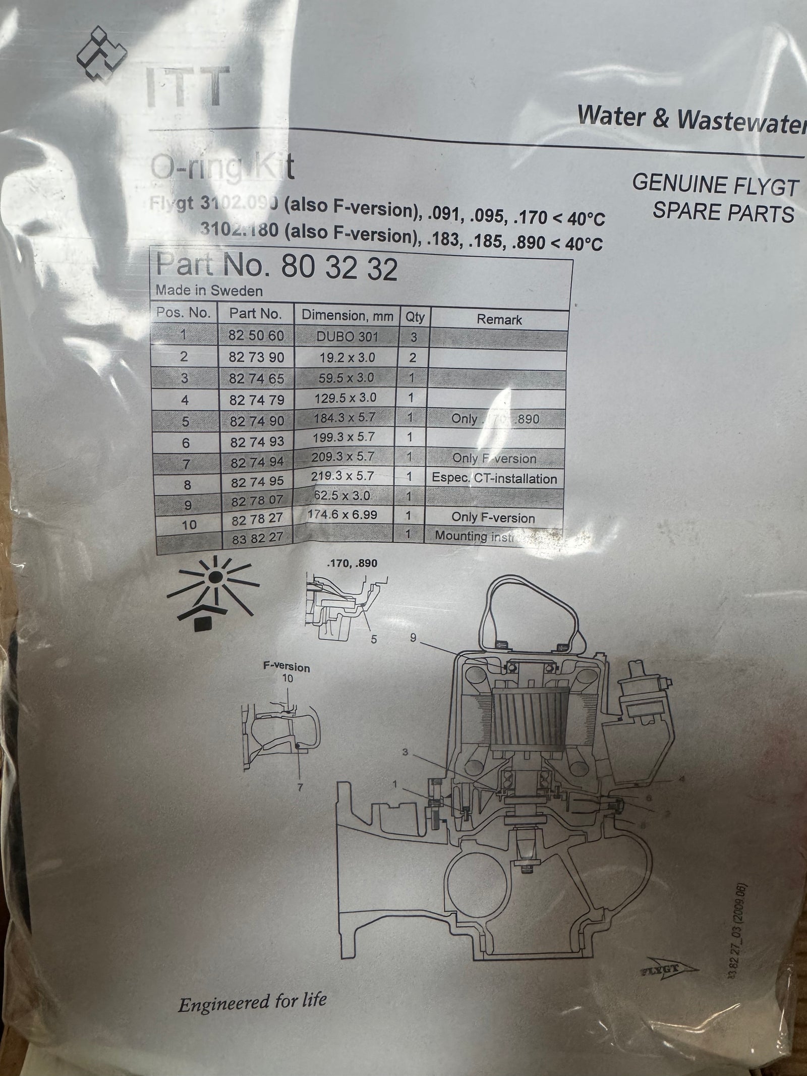 Flygt 3102 Basic Repair Kit 601 89 06 Shaft Seal Bearing #4786