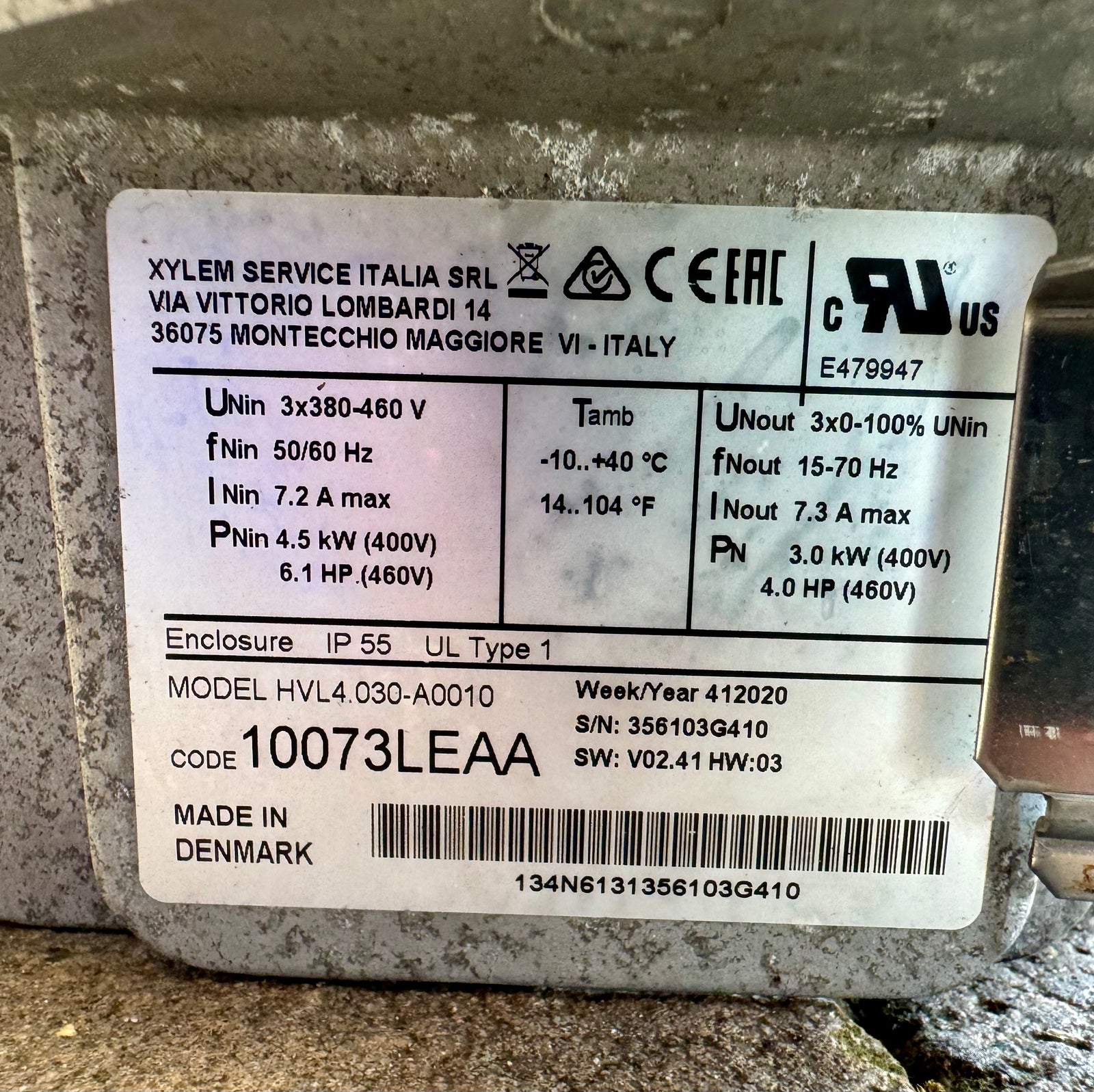 Xylem Lowara Hydrovar HVL4.030-A0010 Inverter Controller 10073LEAA 415v 3kw #4122 Used