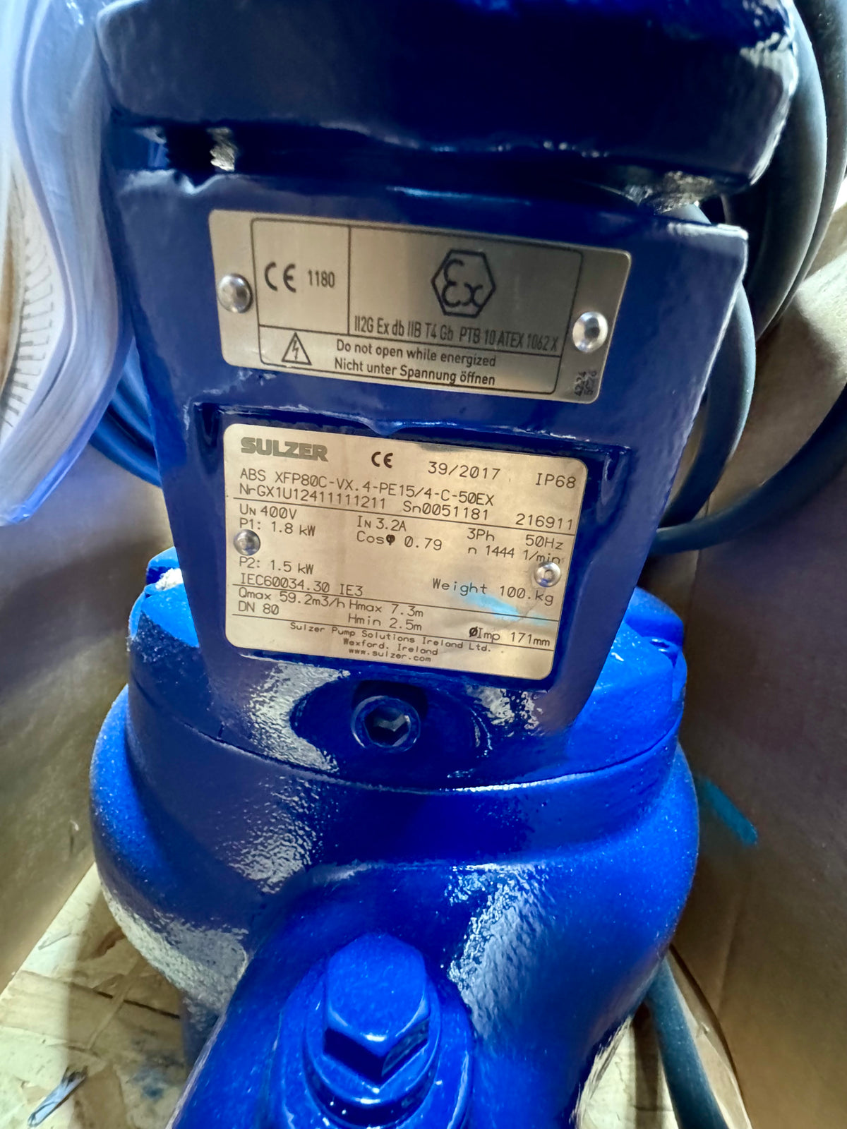 ABS Sulzer XFP80C-VX.4-PE15/4-D01*10m Submersible Vortex Pump 400v 1.5kw DN80 GX1U12411111211  #4175