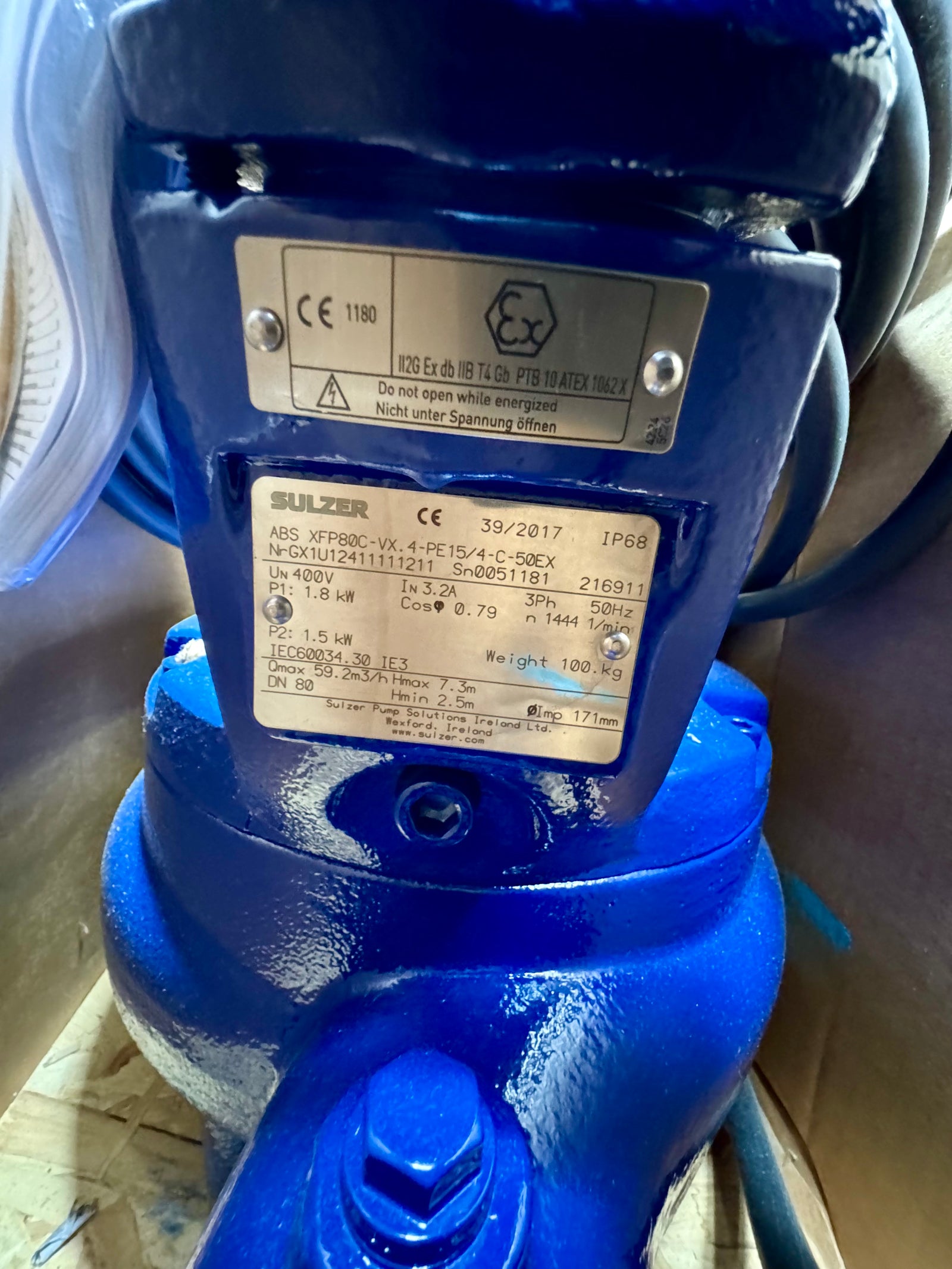 ABS Sulzer XFP80C-VX.4-PE15/4-D01*10m Submersible Vortex Pump 400v 1.5kw DN80 GX1U12411111211  #4175