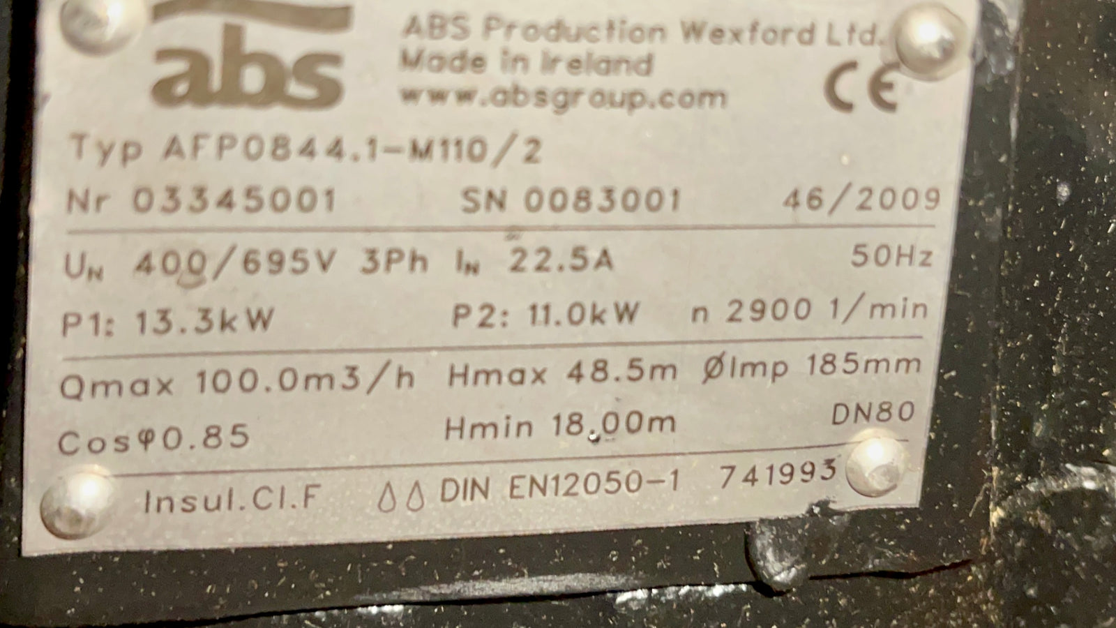 ABS Sulzer AFP 0844.1 M110/2 Submersible Waste High Head Pump 400v 11kw DN80 #3475 VAT