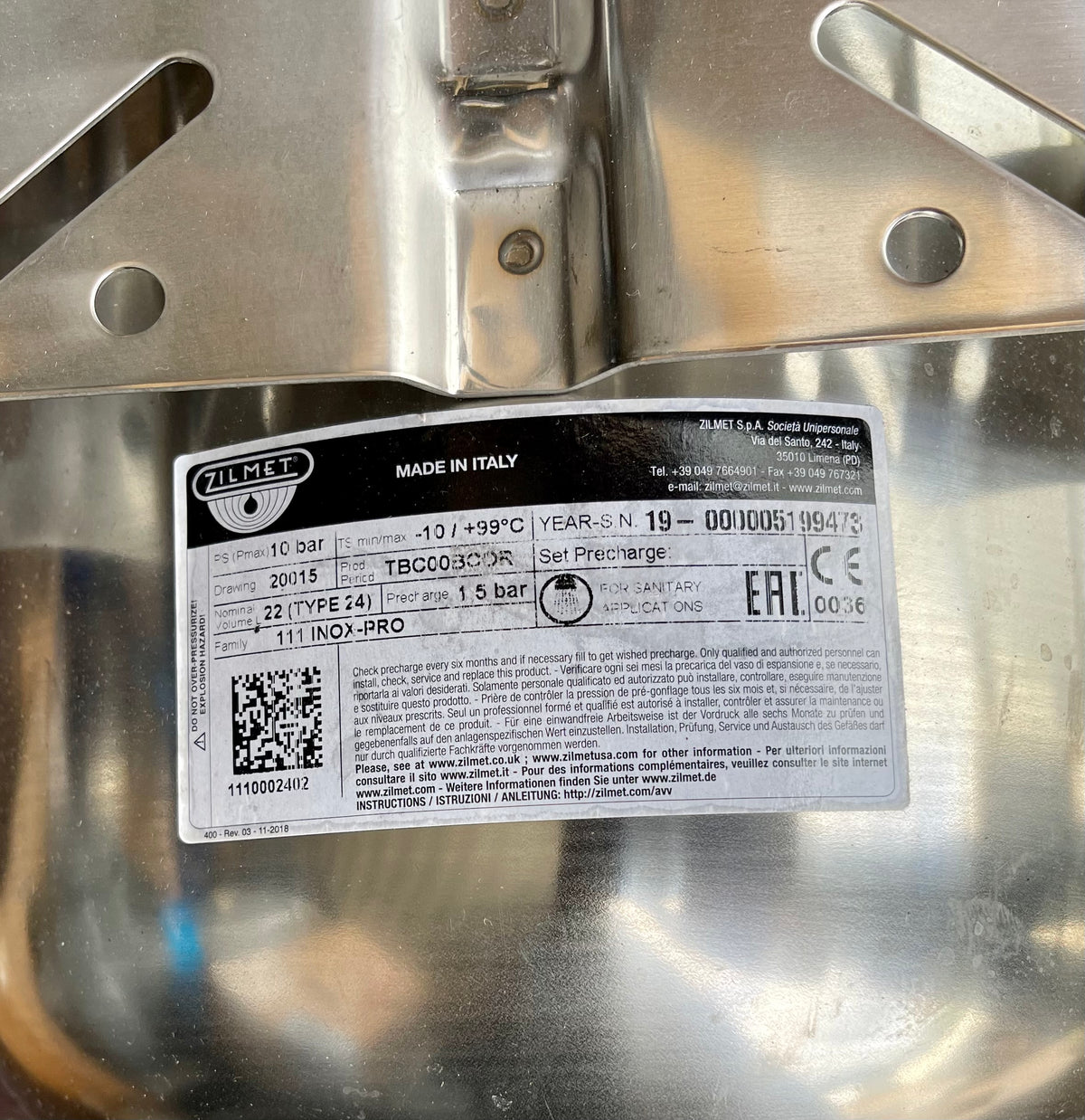 Zilmet 24 Litre (10 Bar) LH Stainless Steel Horizontal Vessel 111 INOX-PRO 1110002402 #3644