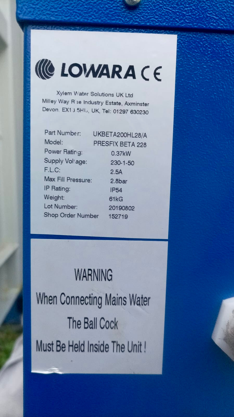 Lowara Presfix Beta 228 2.8 bar Twin Pump Pressurisation Unit UKBETA200HL28/A #4326 Used