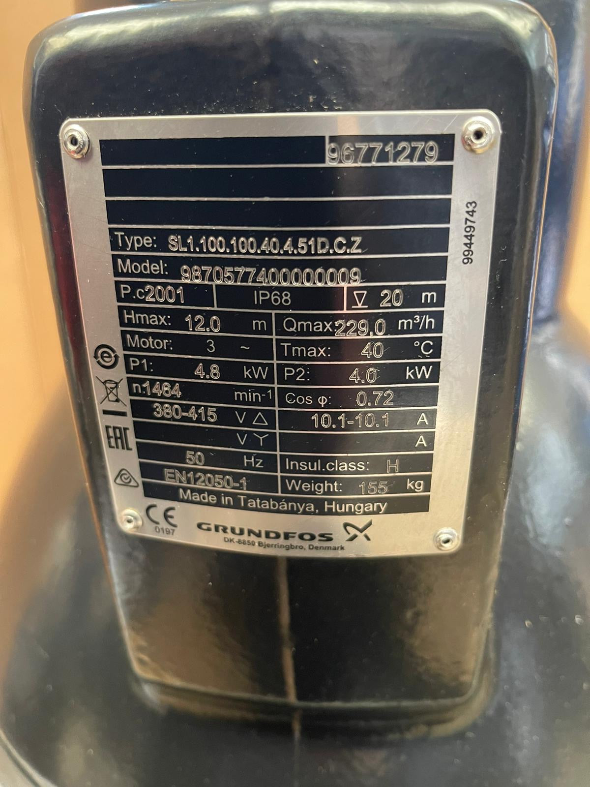 Grundfos SL1.100.100.40.4.51D.C.Z 98705774 4 kW 415v Submersible Waste Pump Dn100 #4457