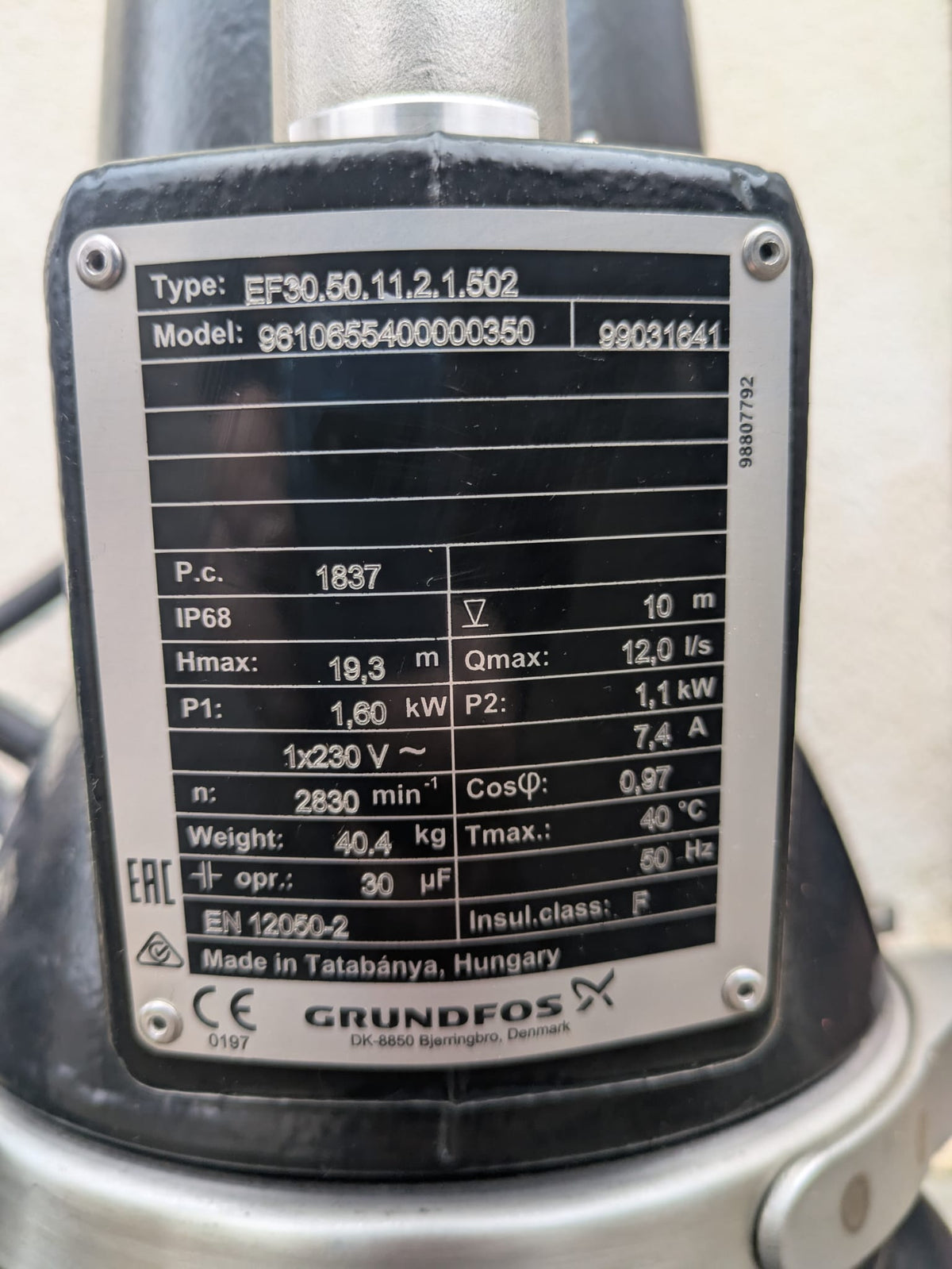 Grundfos EF30.50.11.2.1.502 96106554 1.1 kW 240v Submersible Waste Pump Dn50 #4505