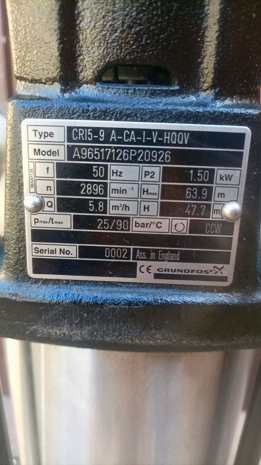 Grundfos CRI 5-9 A CA I V HQQV 96517126 1.5kW 415v Vertical Multistage Pump #4362 Used