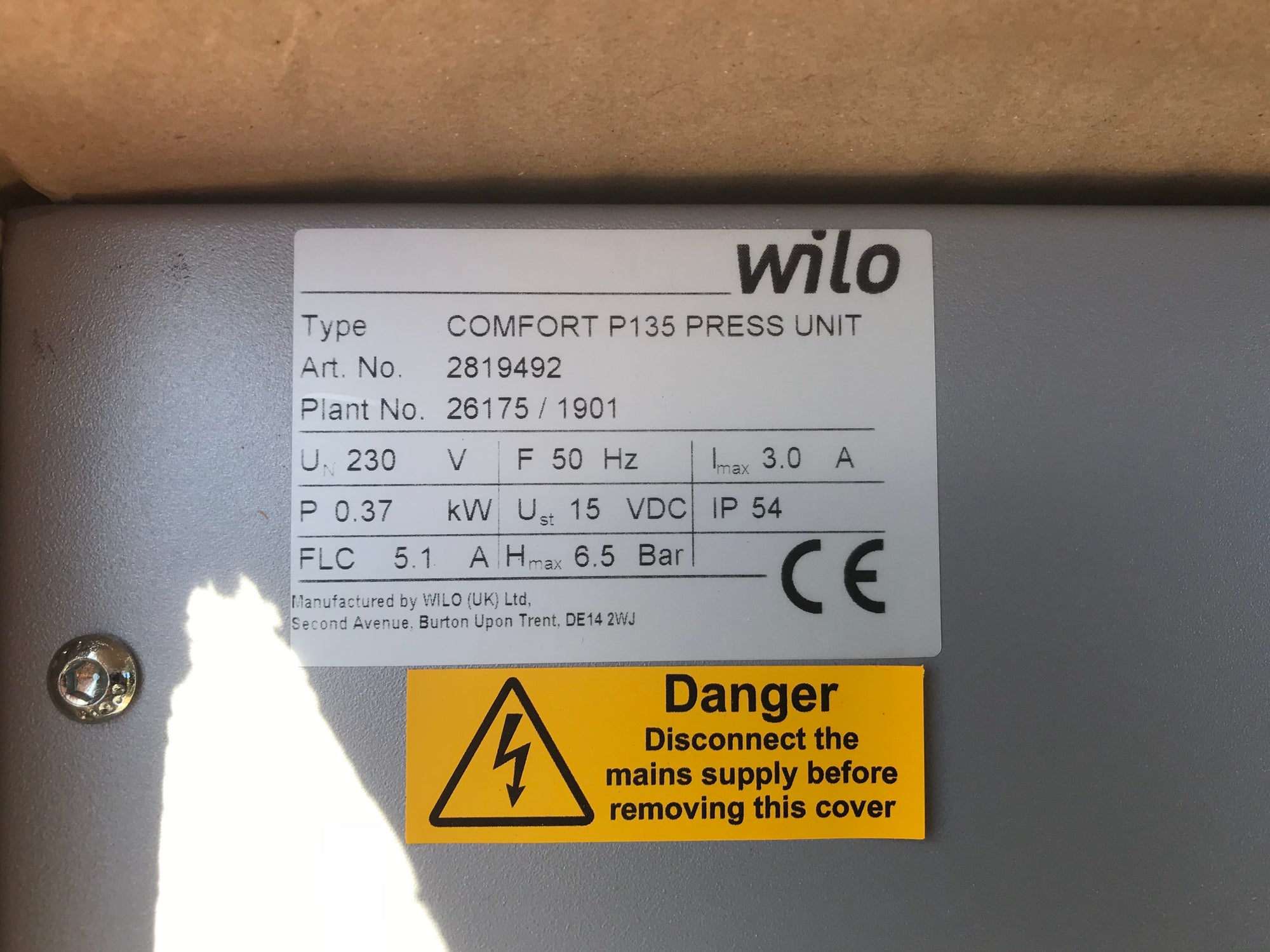 Wilo P135 pressurisation unit 6.5 bar 2819492 #1620