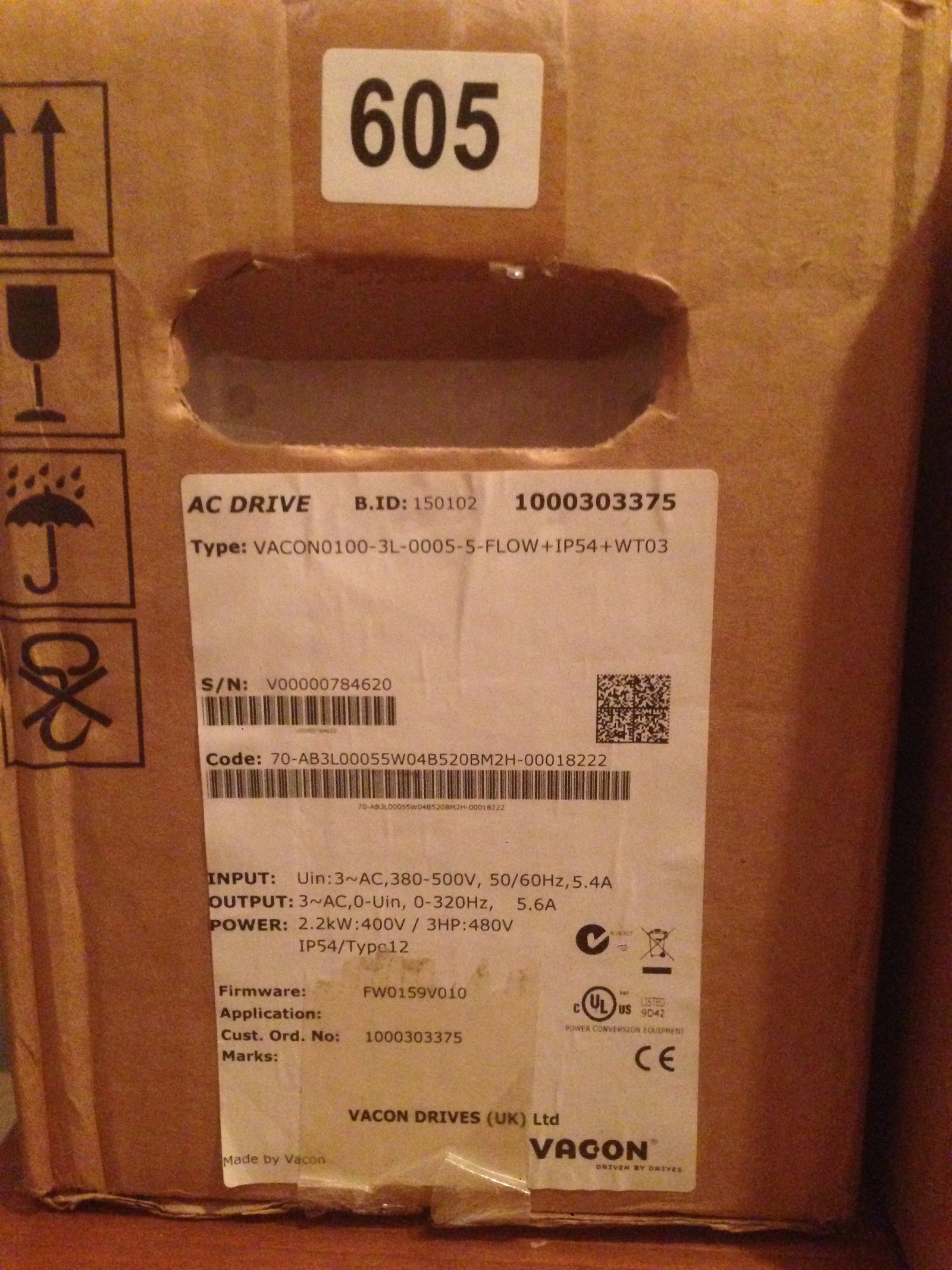 Vacon 100 Flow VACON0100-3L-0005-5-FLOW+IP54 2.2Kw/5.6Amp 3 Phase Input / 3 Phase Output IP54 inverter drive