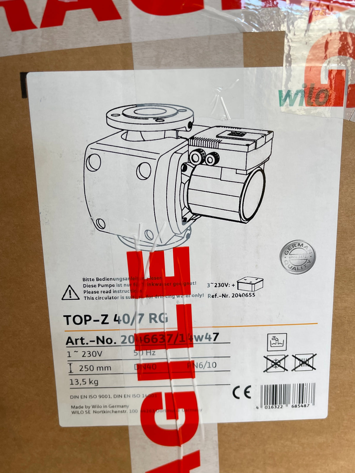Wilo Top Z 40/7 250mm 240V 2046637 Circulator Pump Hot water drinking water #3373