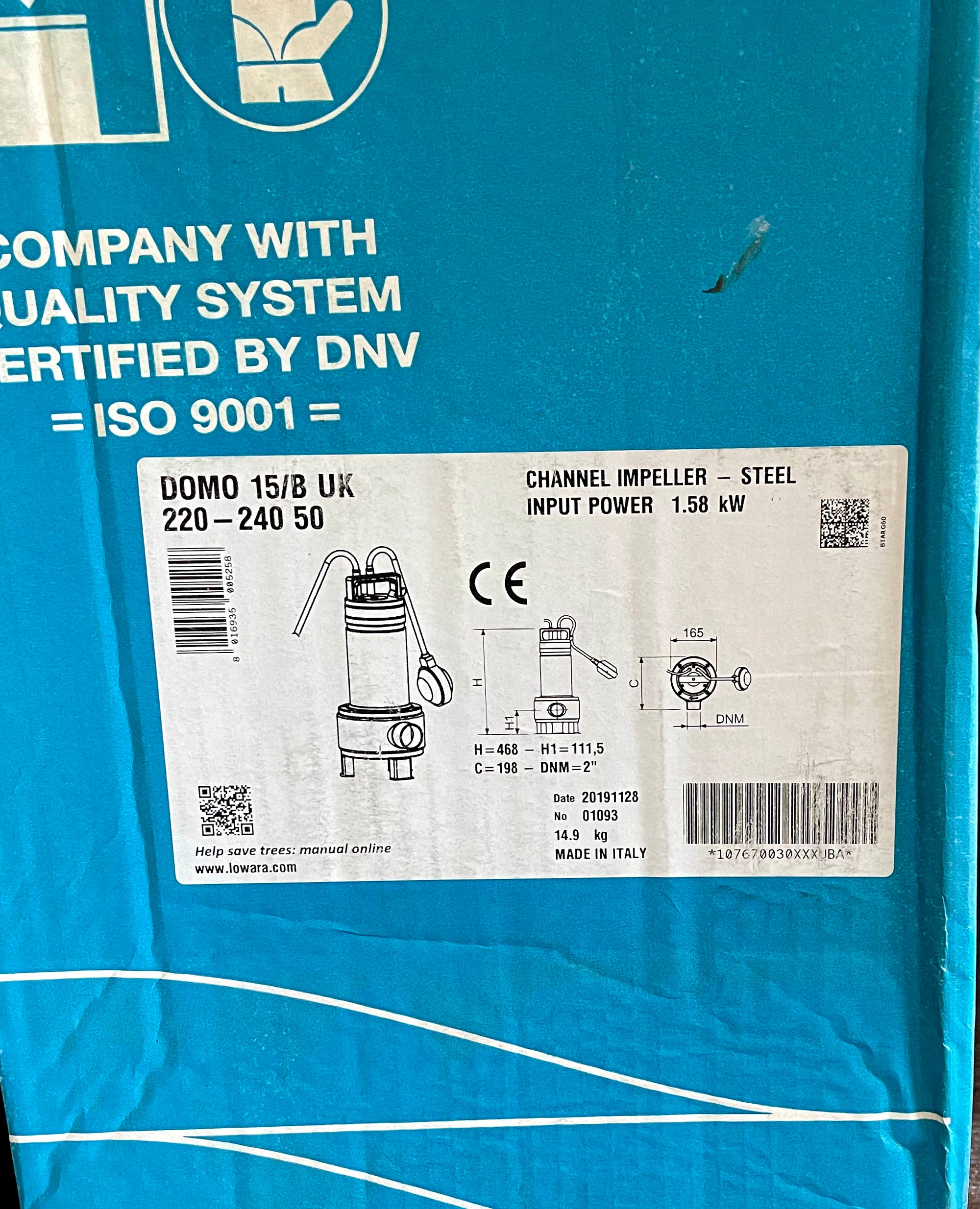 Lowara DOMO 15/B 240V Submersible Drainage Pump w/Float switch #4355 VAT