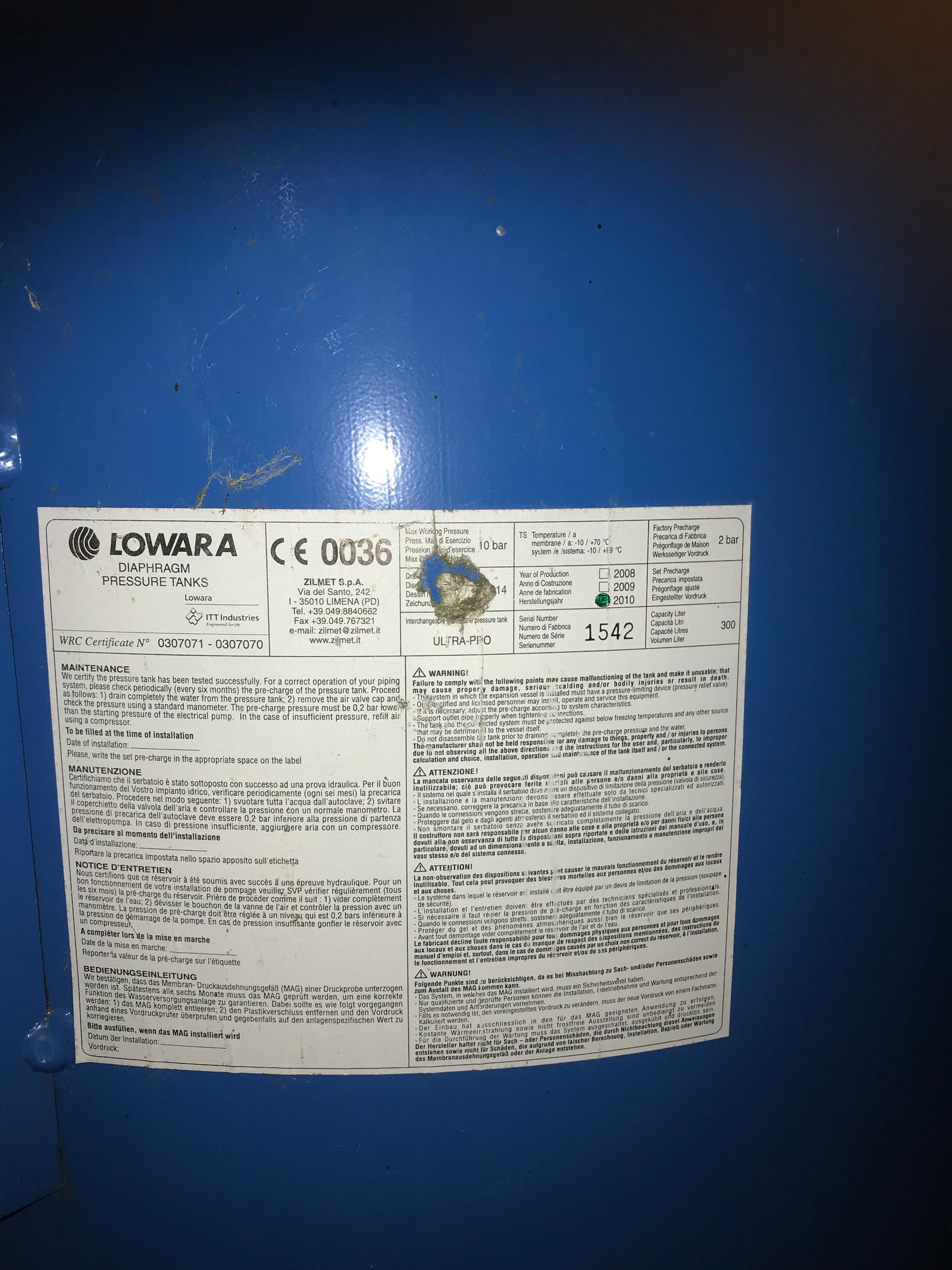 Lowara 300 LV Vertical Expansion Tank 10 bar pressure vessel #1074