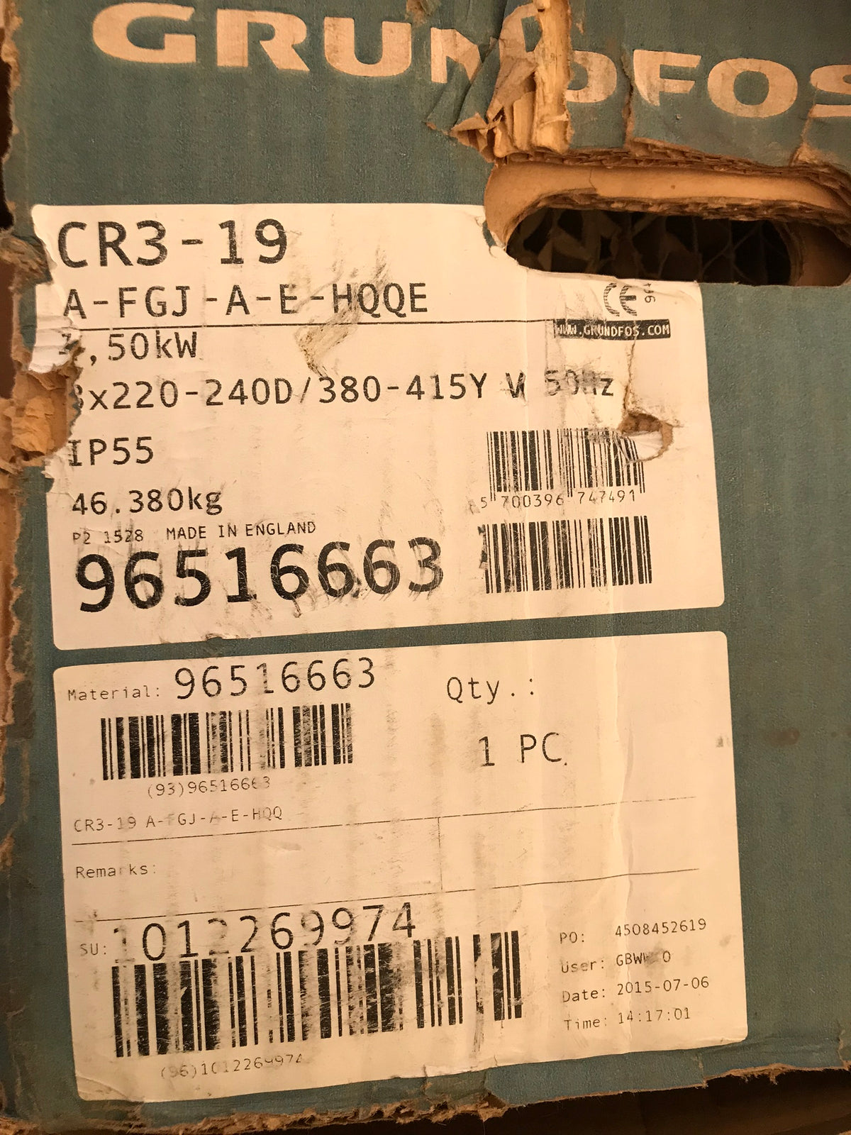 Grundfos CR 3-19 415v vertical multistage pump 96516663 #1477