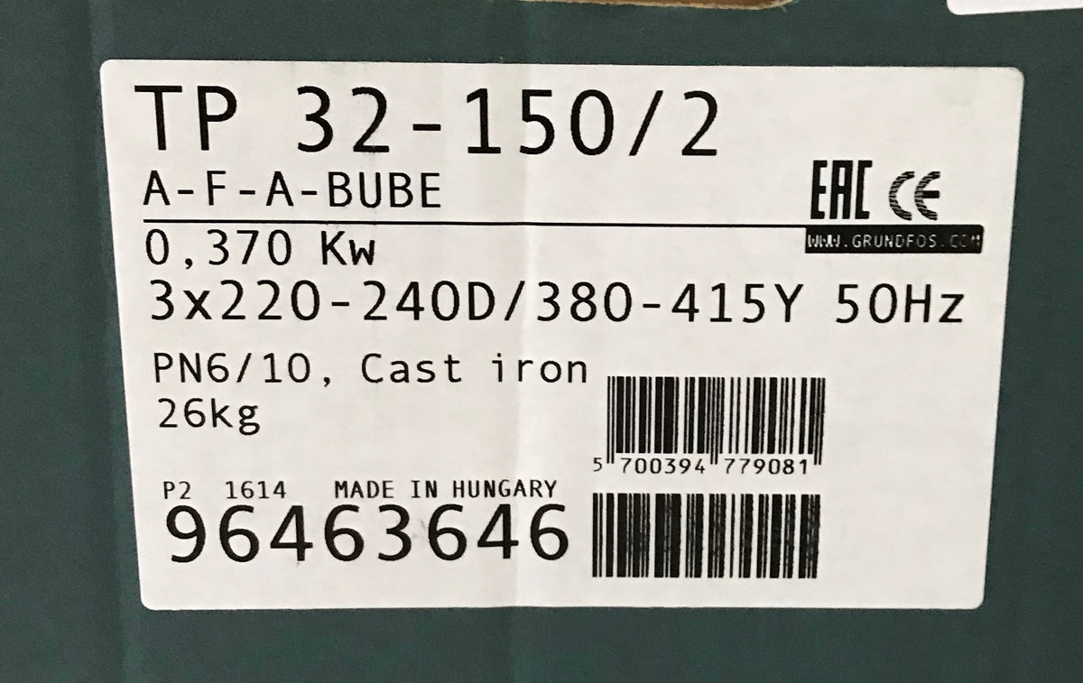 GRUNDFOS TP 32-150/2 A F A BUBE 0.37KW SINGLE STAGE SINGLE HEAD IN LINE 415V 96463646 #1635