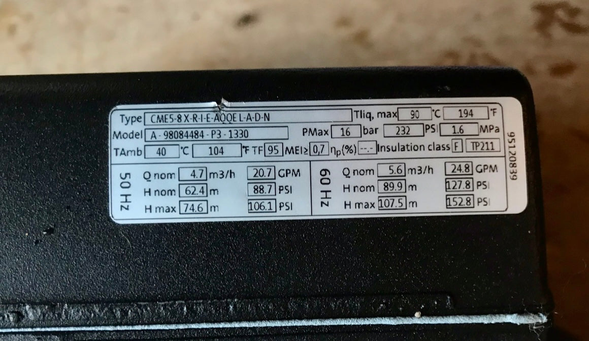 Grundfos CME 5-8 X R I E AQQE Horizontal Multistage Pump 415v 3kw 98084484 #2784 VAT