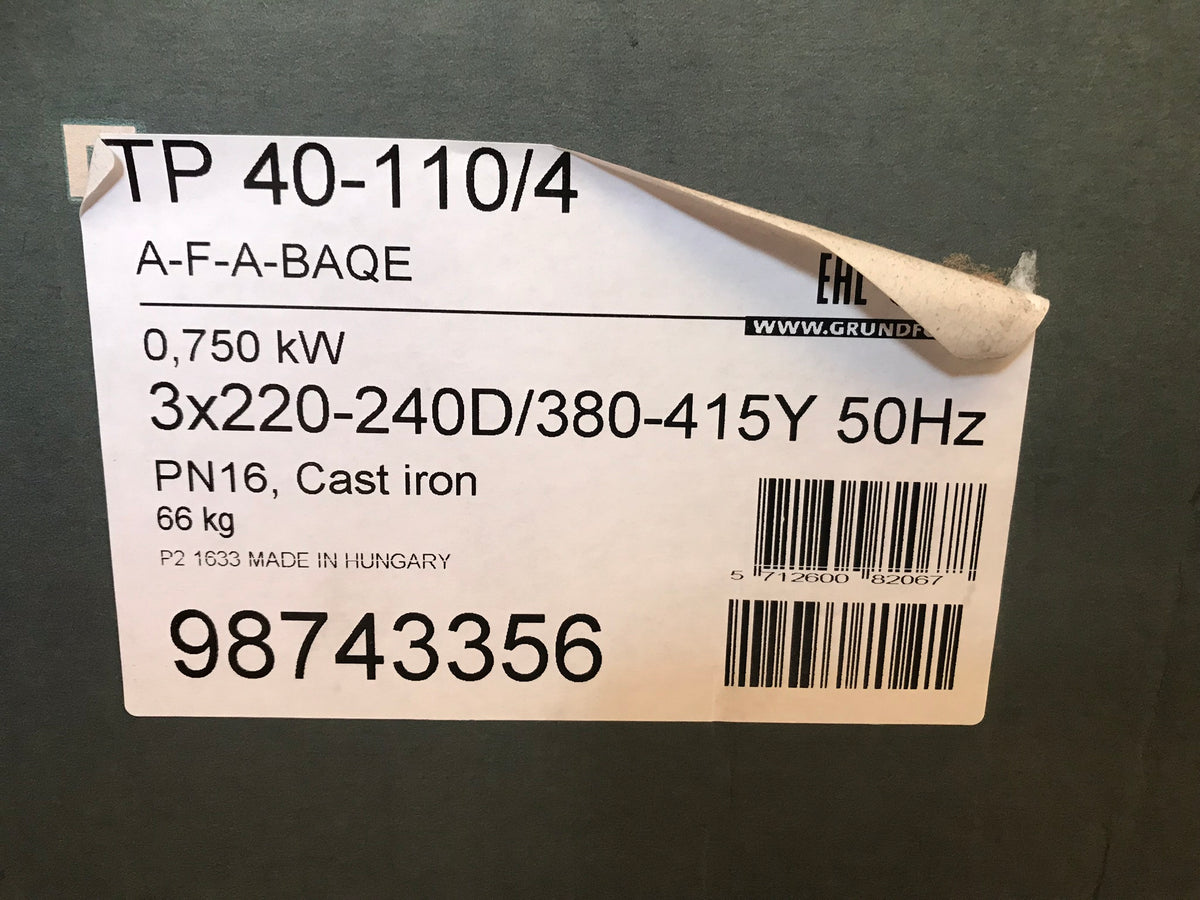 Grundfos TP 40-110/4 A F A BAQE 0.75kW Single Stage In Line 415V 98743356 #1698 HS Code: 841370 Country of origin: Hungary