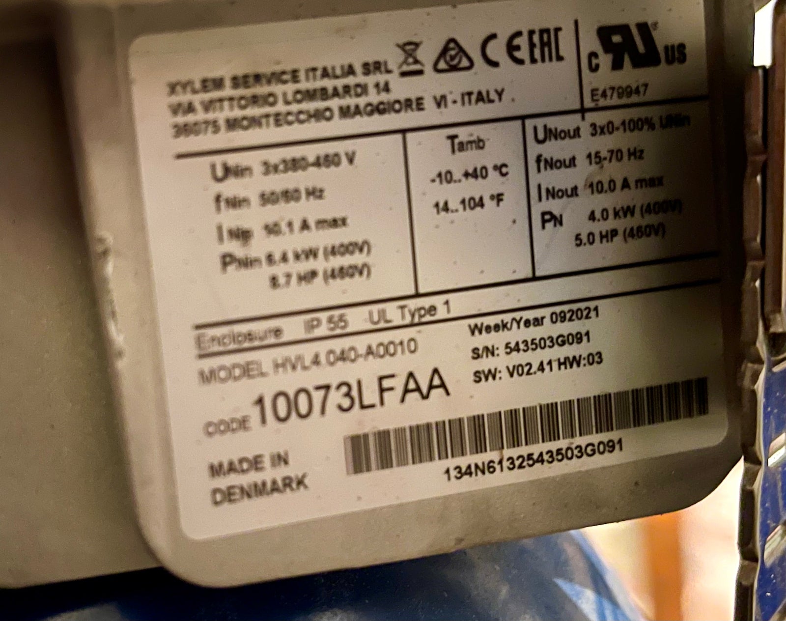 Lowara Xylem Hydrovar HVL4.040-A0010 4kw 415v 10073LFAA #2871 Used