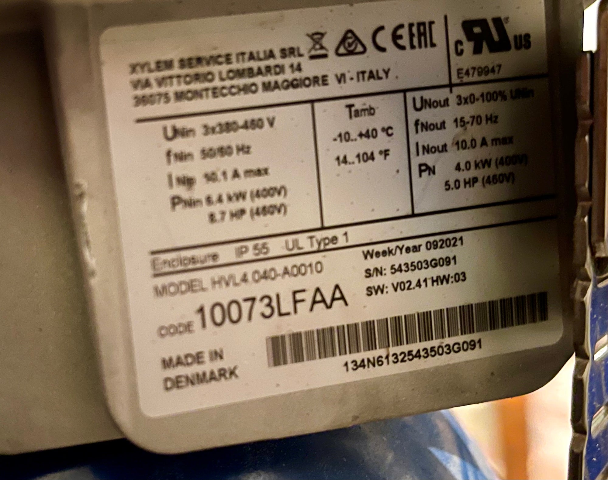 Lowara Xylem Hydrovar HVL4.040-A0010 4kw 415v 10073LFAA #2871 Used