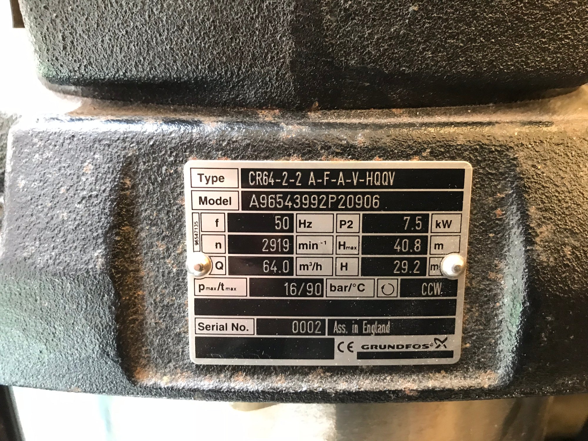 Grundfos CR 64-2-2 A-F-A-V-HQQV 415v dn100 vertical multistage pump 96543992 #1475