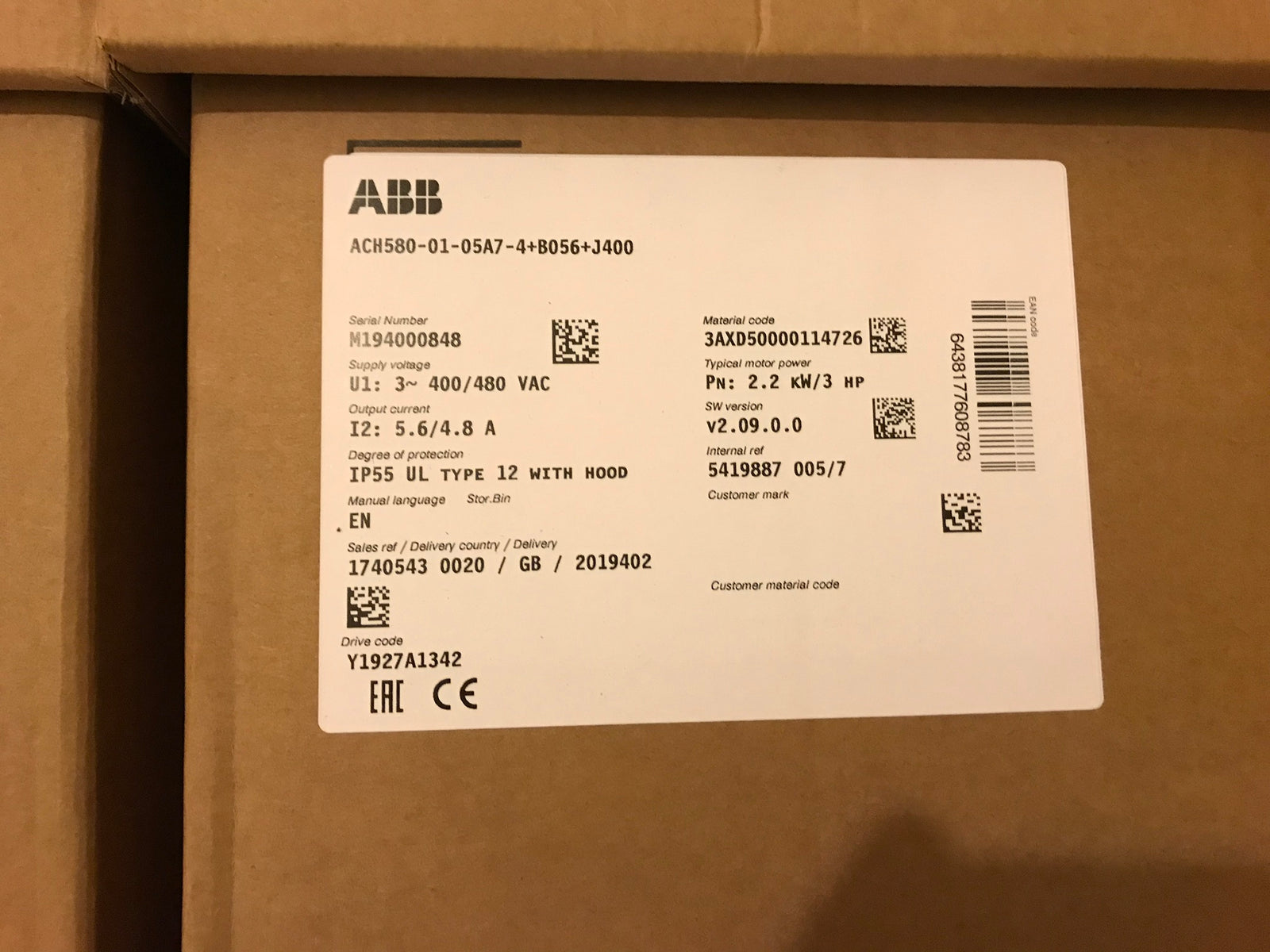 Asea Brown Boveri ABB ACH580-01-05A7-4 Inverter HVAC Variable Drive 2.2kw #1711