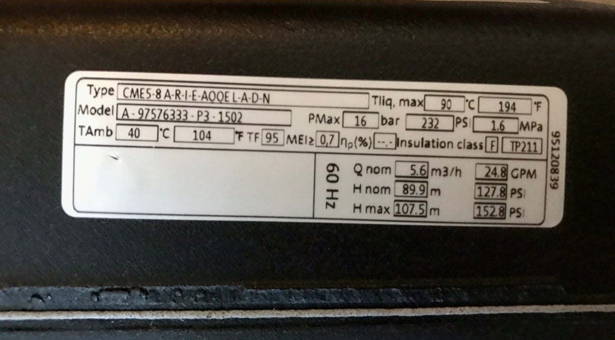 Grundfos CME 5-8 A R I E AQQE Horizontal Multistage Pump 415v 3kw 97576333 #2783 VAT